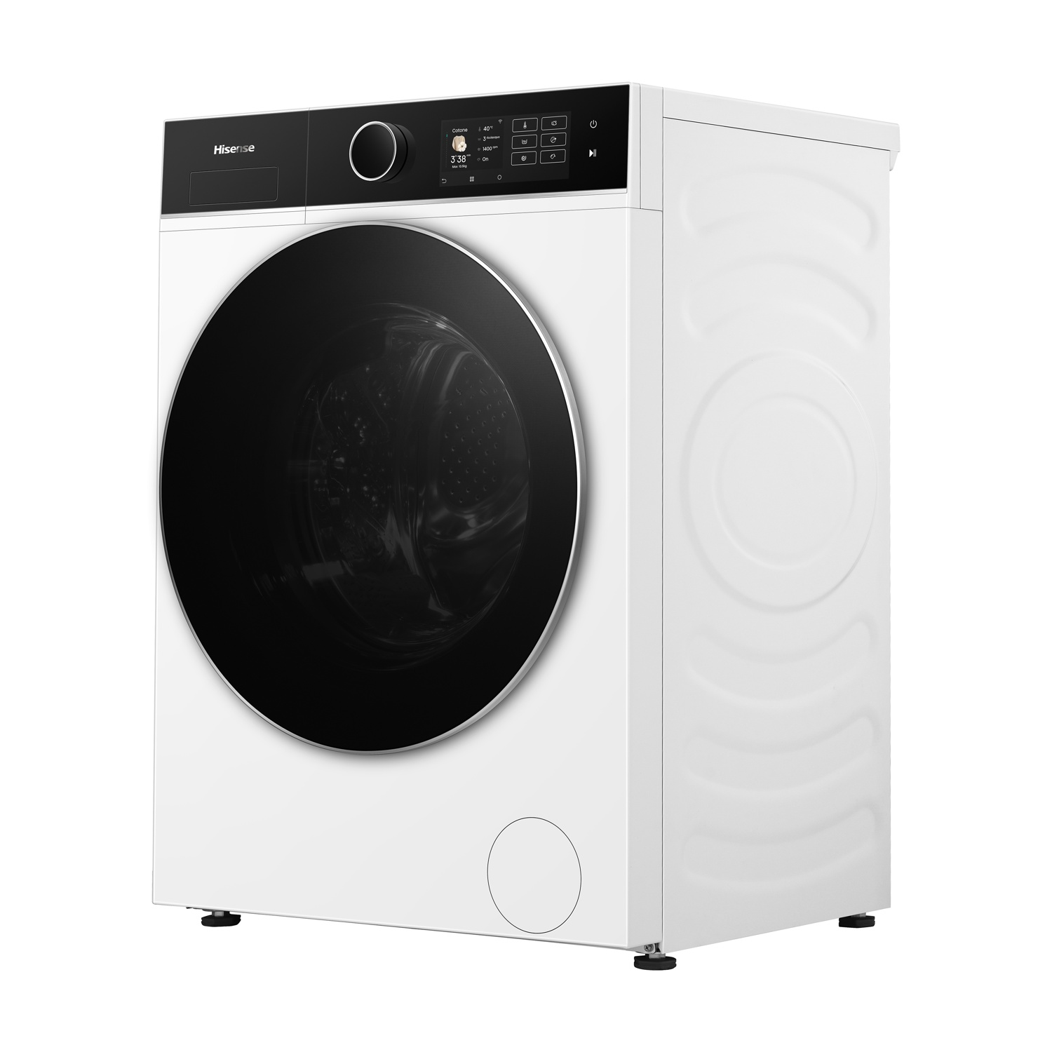 Lavatrice Hisense bianca. Presenta porta nera, pannello di controllo e quadrante circolare. Il display mostra i dettagli del ciclo di lavaggio.