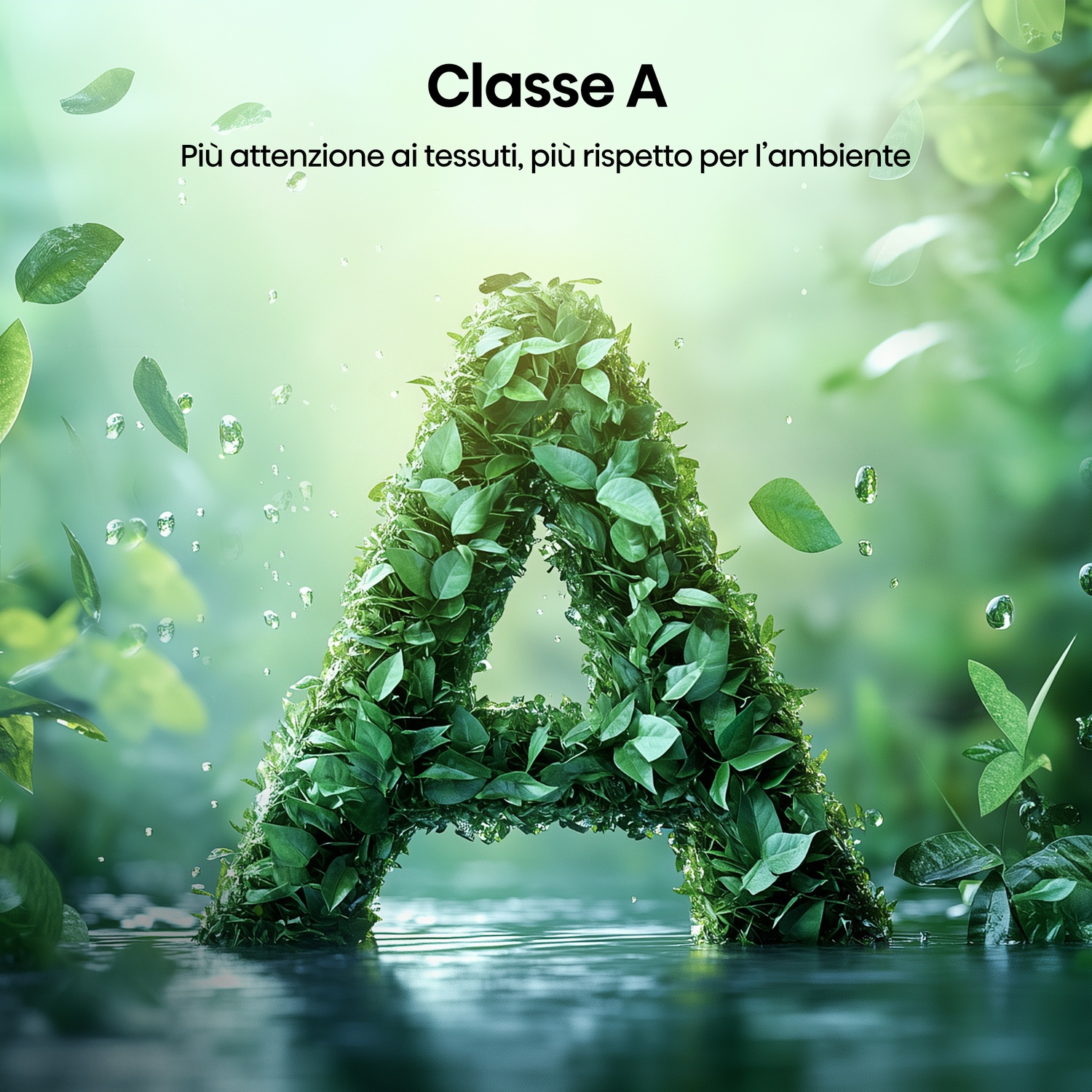 Grande lettera A fatta di foglie verdi, in acqua, con testo 'Classe A' e 'Più attenzione ai tessuti, più rispetto per l'ambiente'.