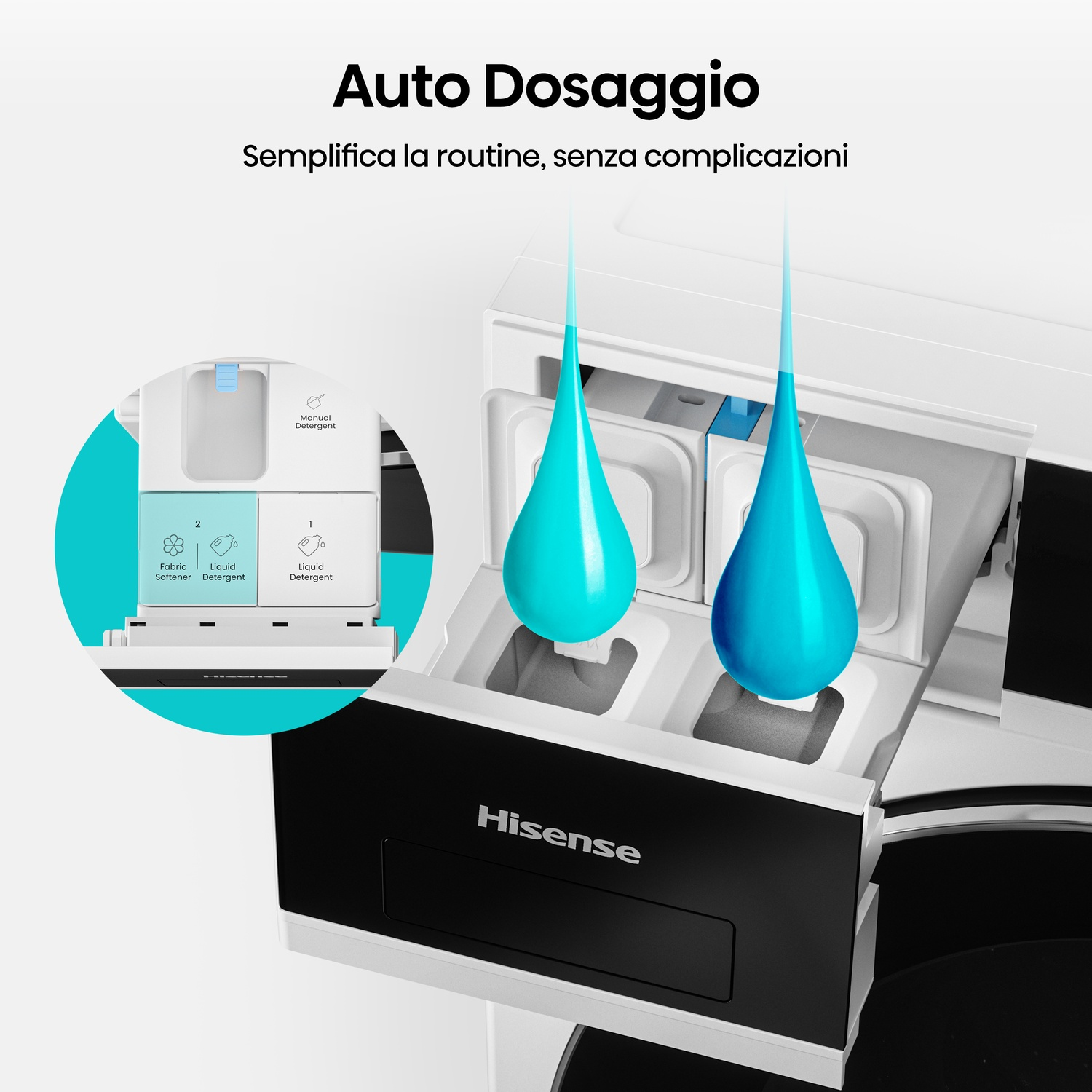 Primo piano di una lavatrice con la scritta 'Auto Dosaggio'. Due gocce d'acqua turchese cadono dall'alto.
