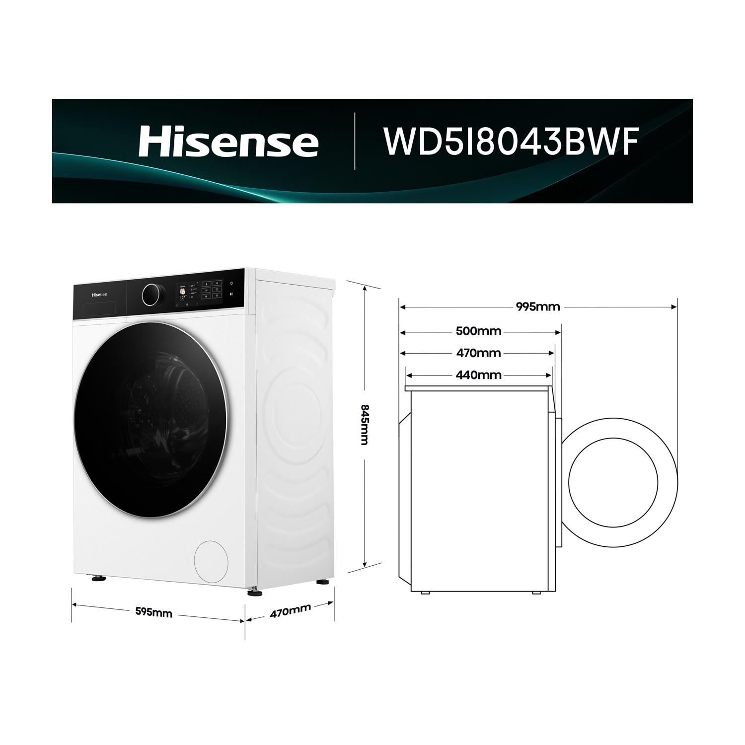 Viene mostrata una lavatrice Hisense bianca con dimensioni. La macchina ha una porta e un pannello di controllo neri. Il numero di modello WD5I8043BWF è visibile.