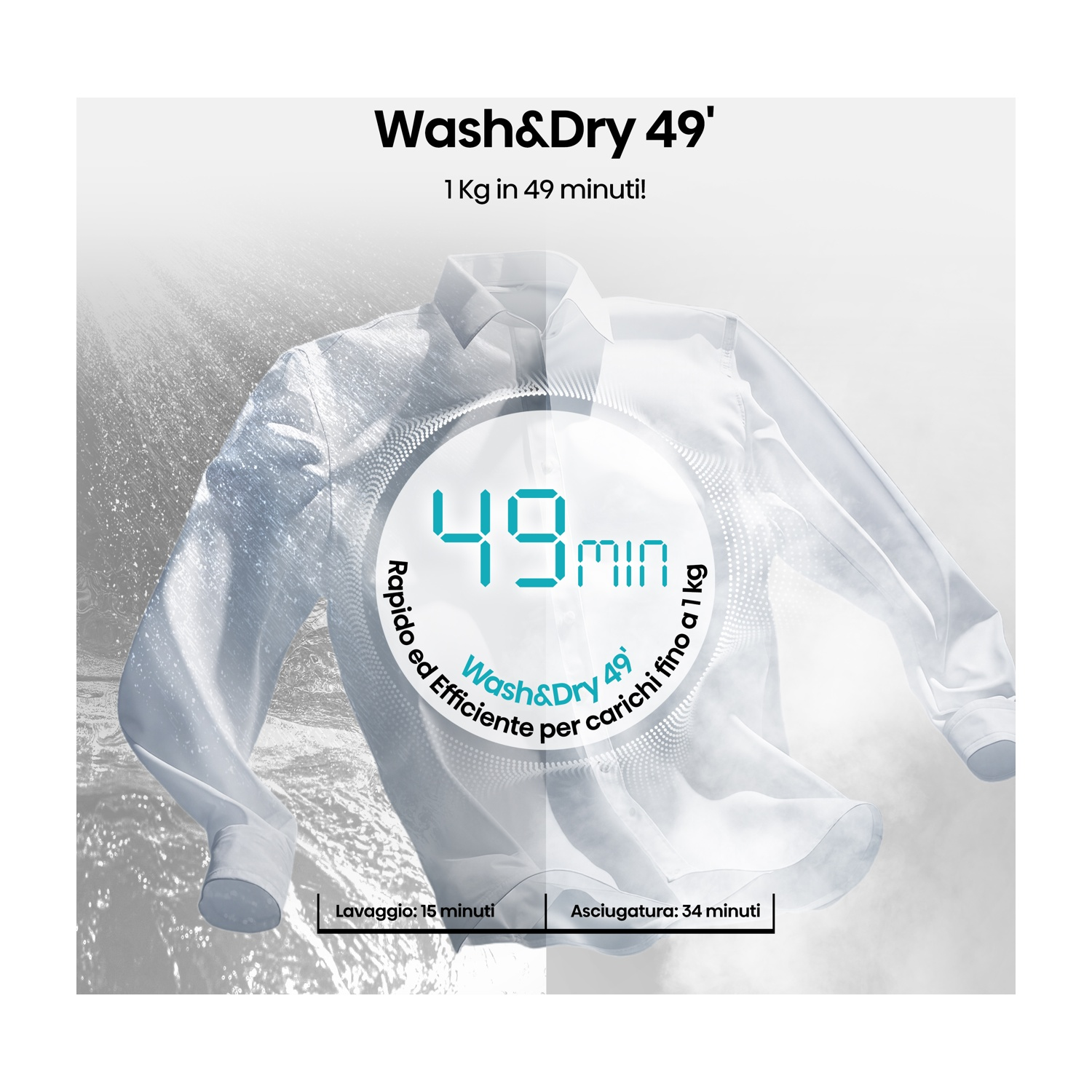 Un'immagine che promuove una lavatrice. Mostra una camicia bianca su uno sfondo nebbioso. Il testo recita Wash&Dry 49' e 49 minuti.