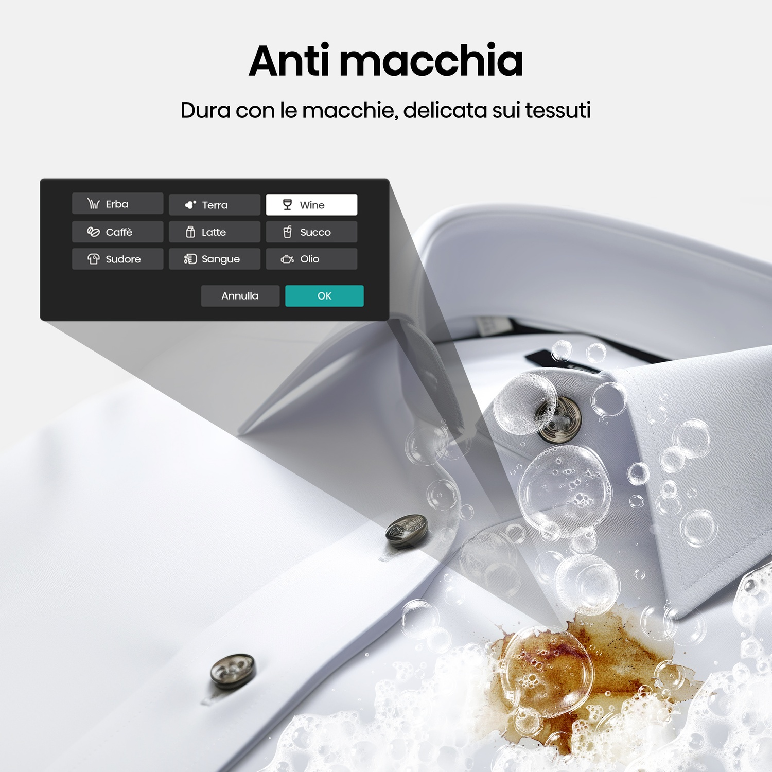 Una camicia bianca ha una macchia di caffè. Sono visibili bolle e un menu con opzioni di macchie come vino e caffè.