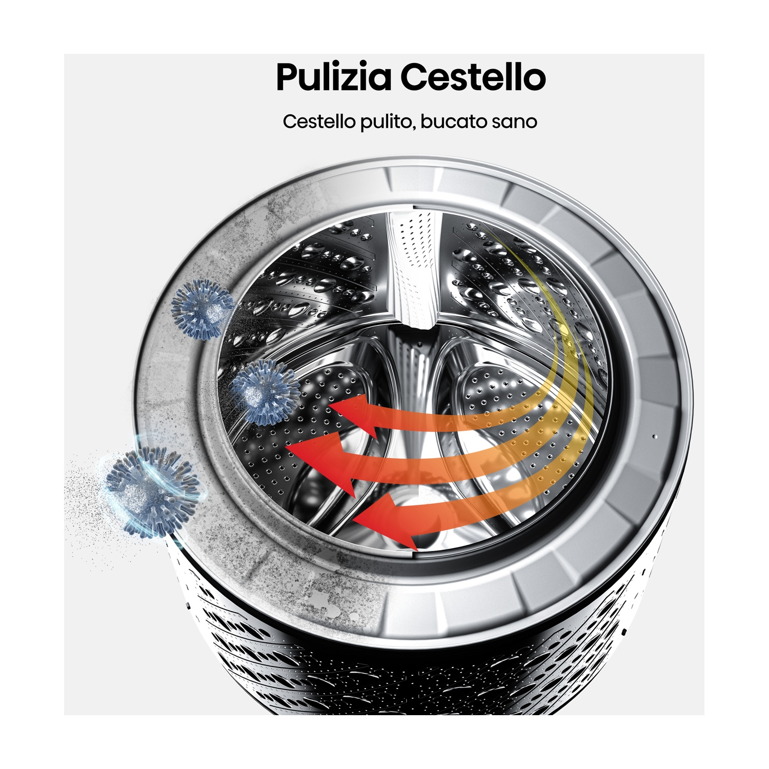 Cestello della lavatrice con illustrazione della pulizia. Le frecce indicano il flusso. Titolo: Pulizia cestello. Testo: Cestello pulito, fori sani.