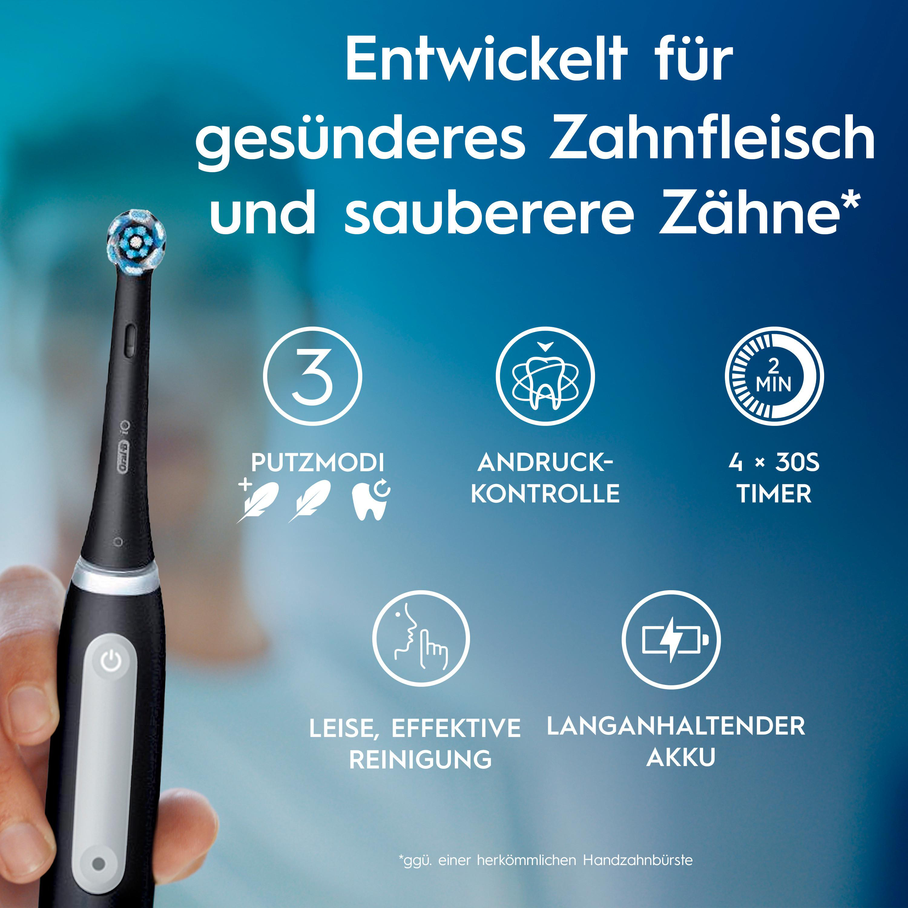 Eine elektrische Zahnbürste, schwarz und silber, wird von einer Hand gehalten. Text auf Deutsch erwähnt Funktionen wie Putzmodi und Akku.