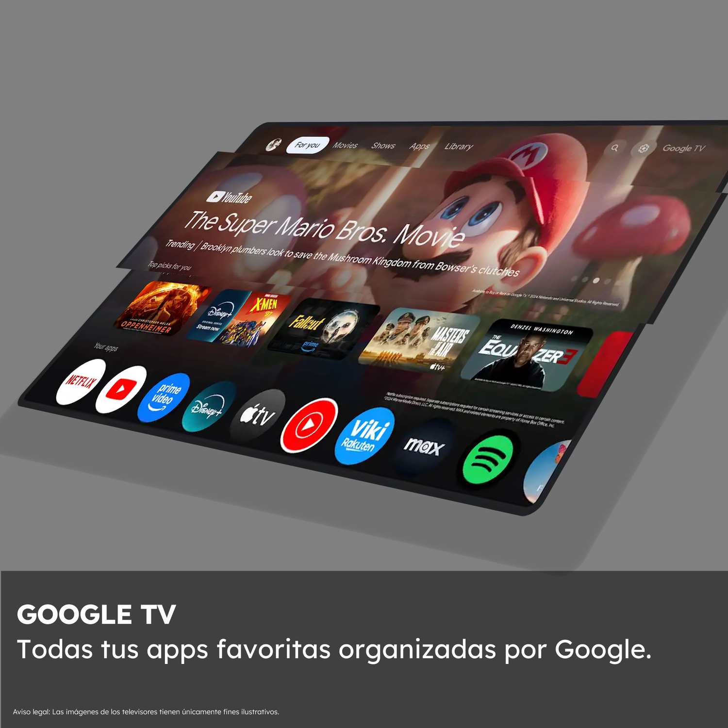 Interfaz de Google TV con apps como Netflix y Disney+. Todas tus aplicaciones favoritas organizadas por Google.