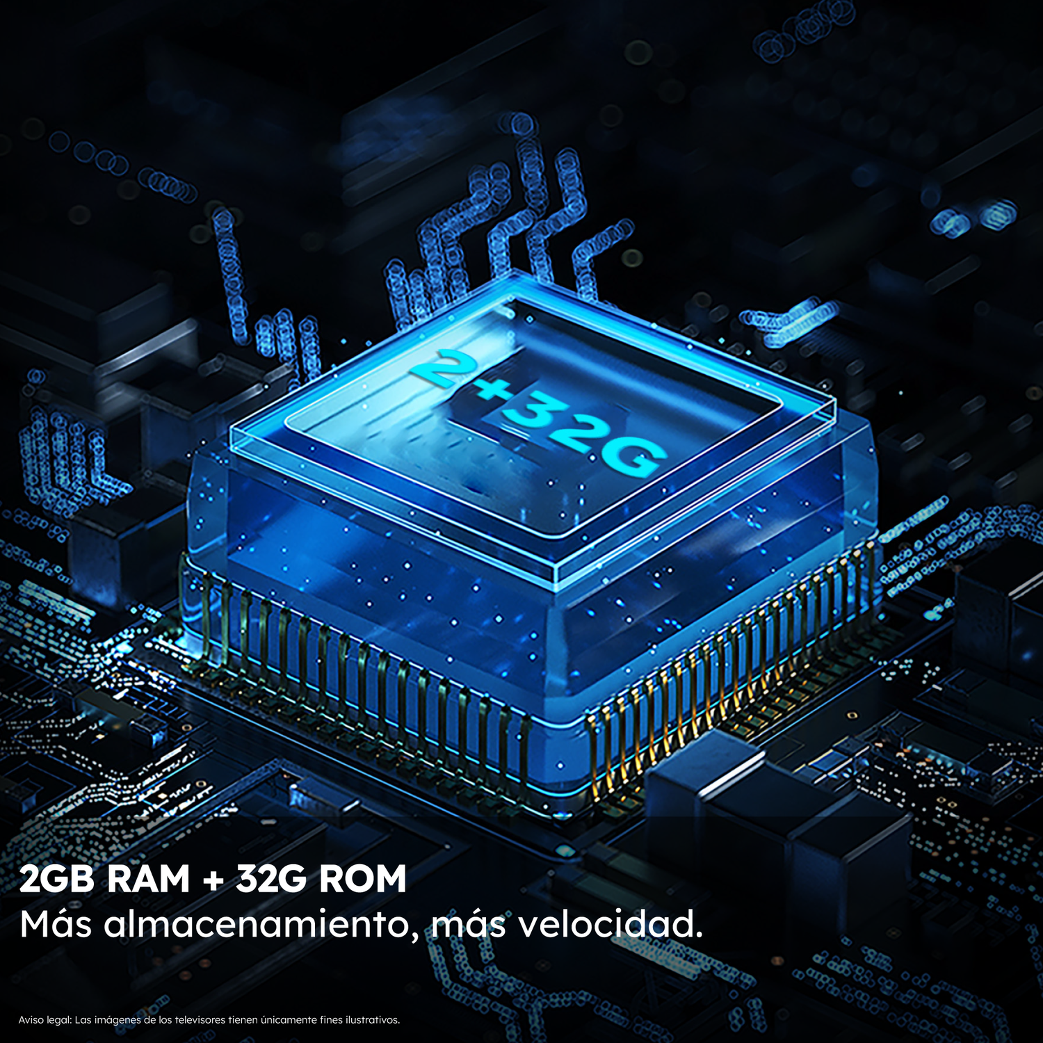 Chip electrónico iluminado con texto 2GB RAM + 32GB ROM. Más almacenamiento y velocidad en tu TV.