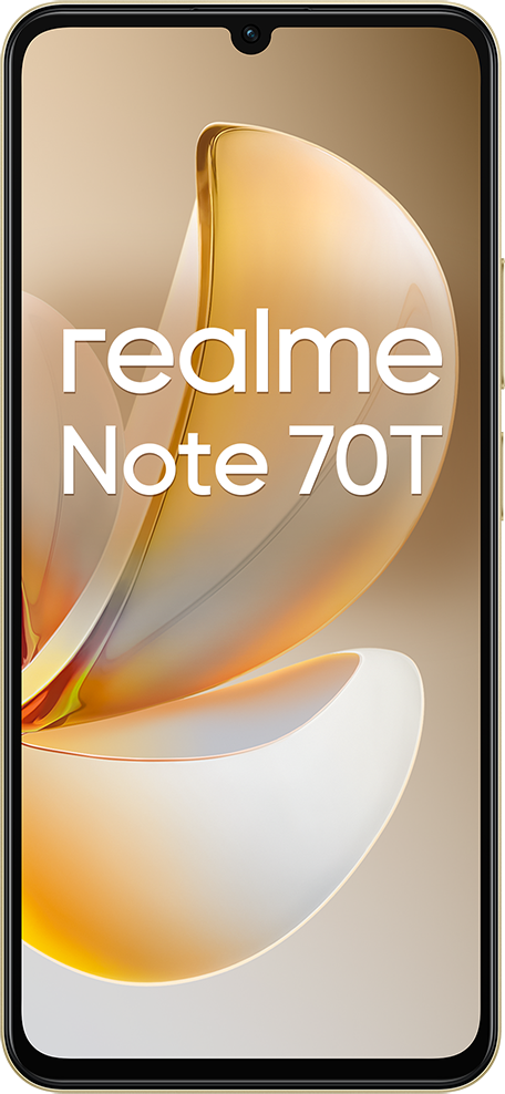 Egy okostelefon arany-fehér absztrakt dizájnt jelenít meg. A telefon képernyőjén a 'realme Note 70T' felirat látható.