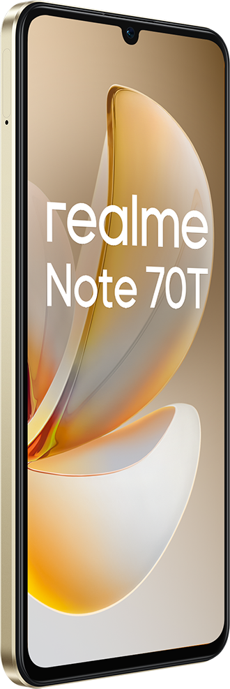Realme Note 70T okostelefon. Arany keret, fekete képernyő, narancs és fehér absztrakt háttér.