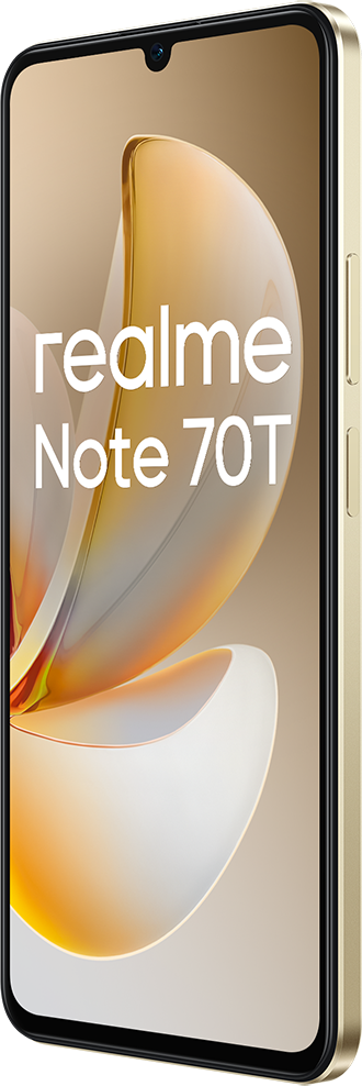 Realme Note 70T telefon. Arany telefon fekete képernyővel. Fehér "realme Note 70T" szöveg. Arany és fehér absztrakt háttér.