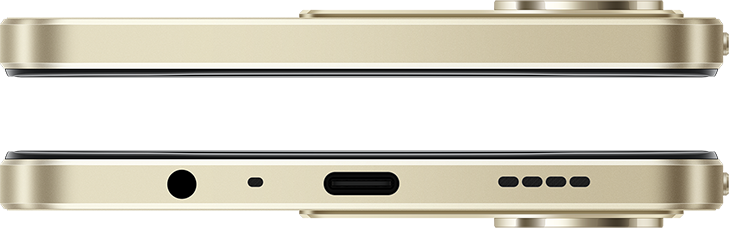 A telefon aljának közelképe. Tartalmaz egy fejhallgató-csatlakozót, egy mikrofont, egy USB-C portot és hangszórórácsokat. Arany színű élek.