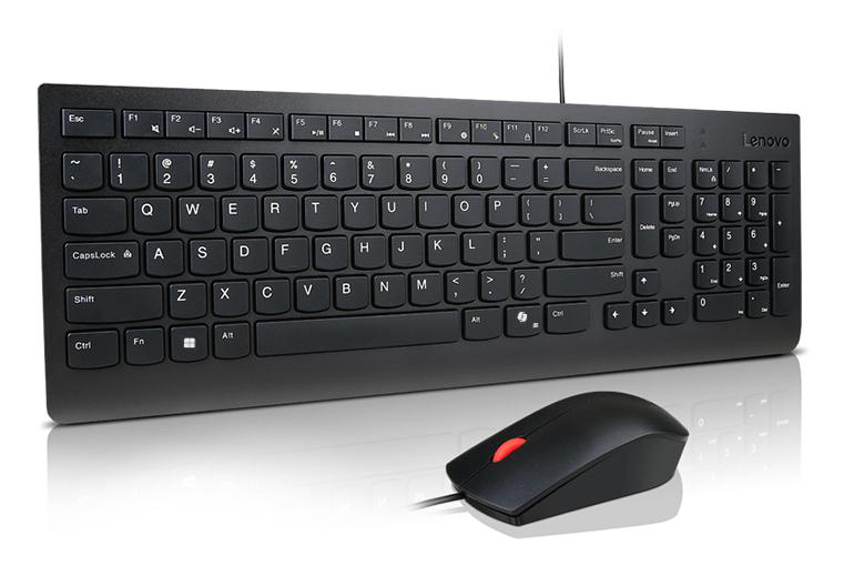 Eine schwarze Lenovo-Tastatur und -Maus auf weißer Oberfläche. Die Maus hat eine rote Taste. Die Tastatur hat Standardtasten.