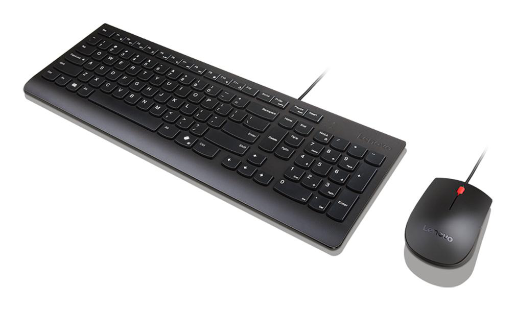 Schwarze Lenovo-Tastatur und -Maus auf weißem Hintergrund. Die Tastatur hat Tasten mit weißen Buchstaben. Die Maus hat eine rote Klicktaste.