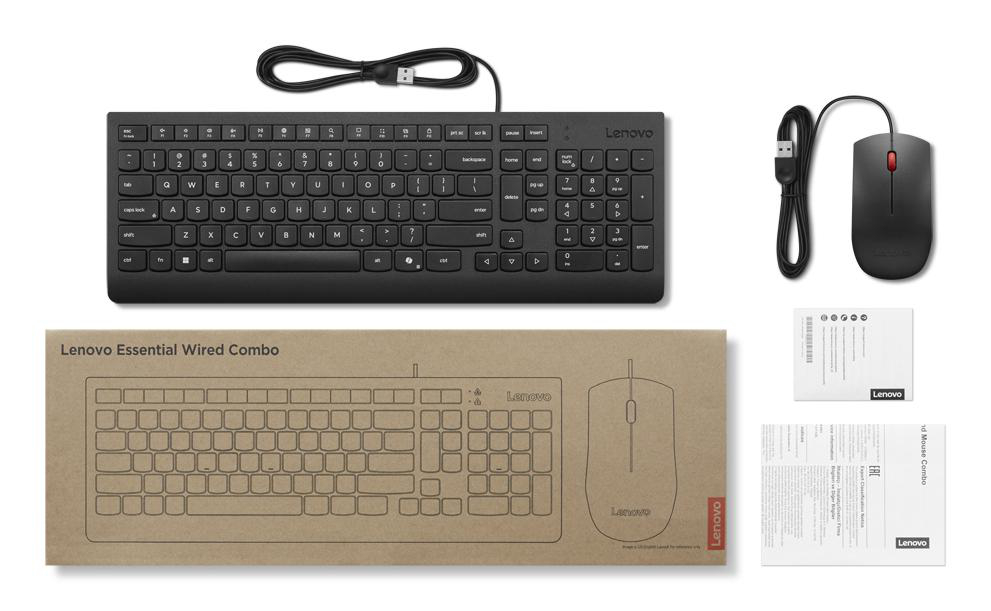 Schwarzes Lenovo-Tastatur- und Maus-Combo. Die Schachtel befindet sich im Vordergrund. Kleine Papiere sind rechts.