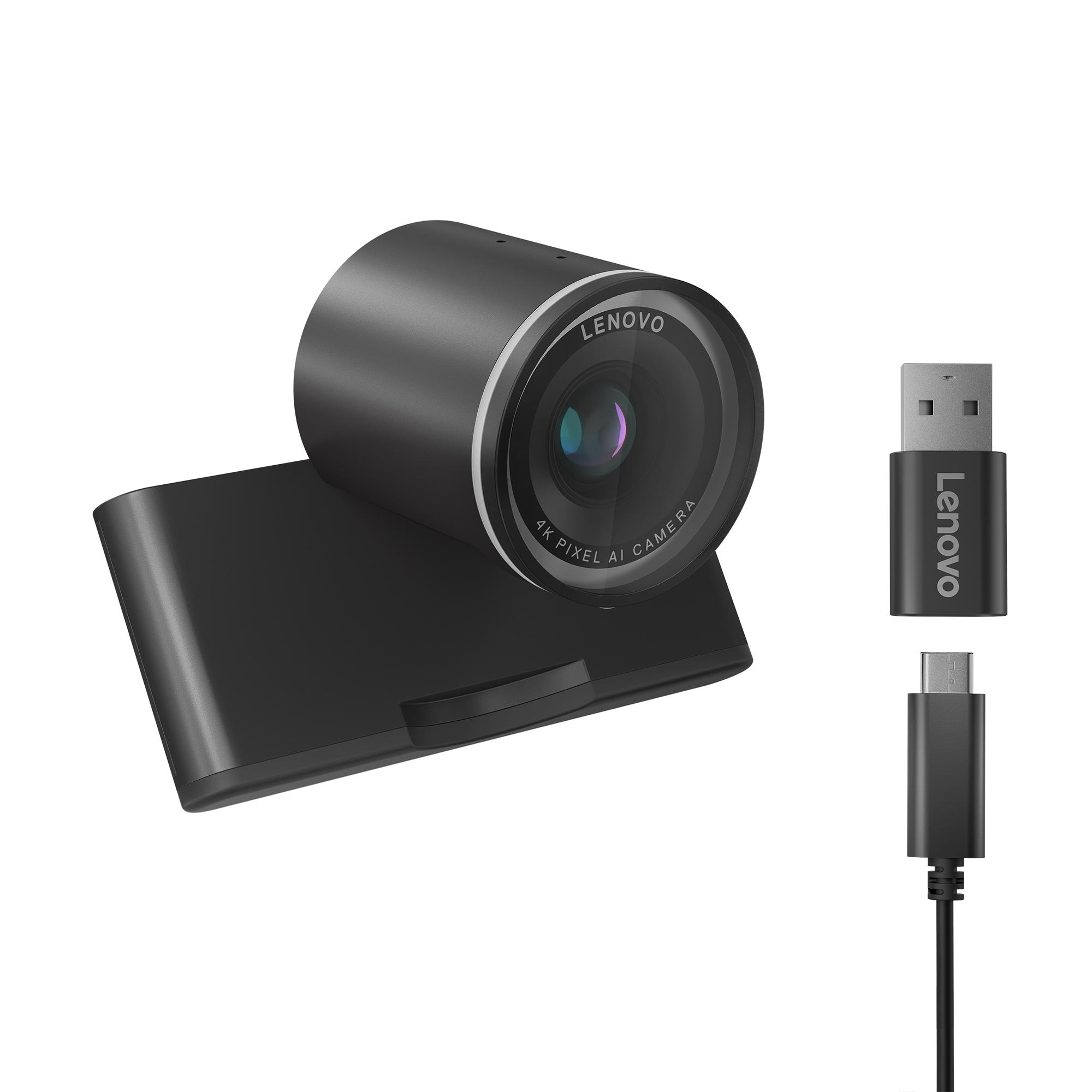 Eine schwarze Lenovo-Webcam mit Ständer und zwei schwarzen Kabeln. Die Webcam hat das Lenovo-Logo.