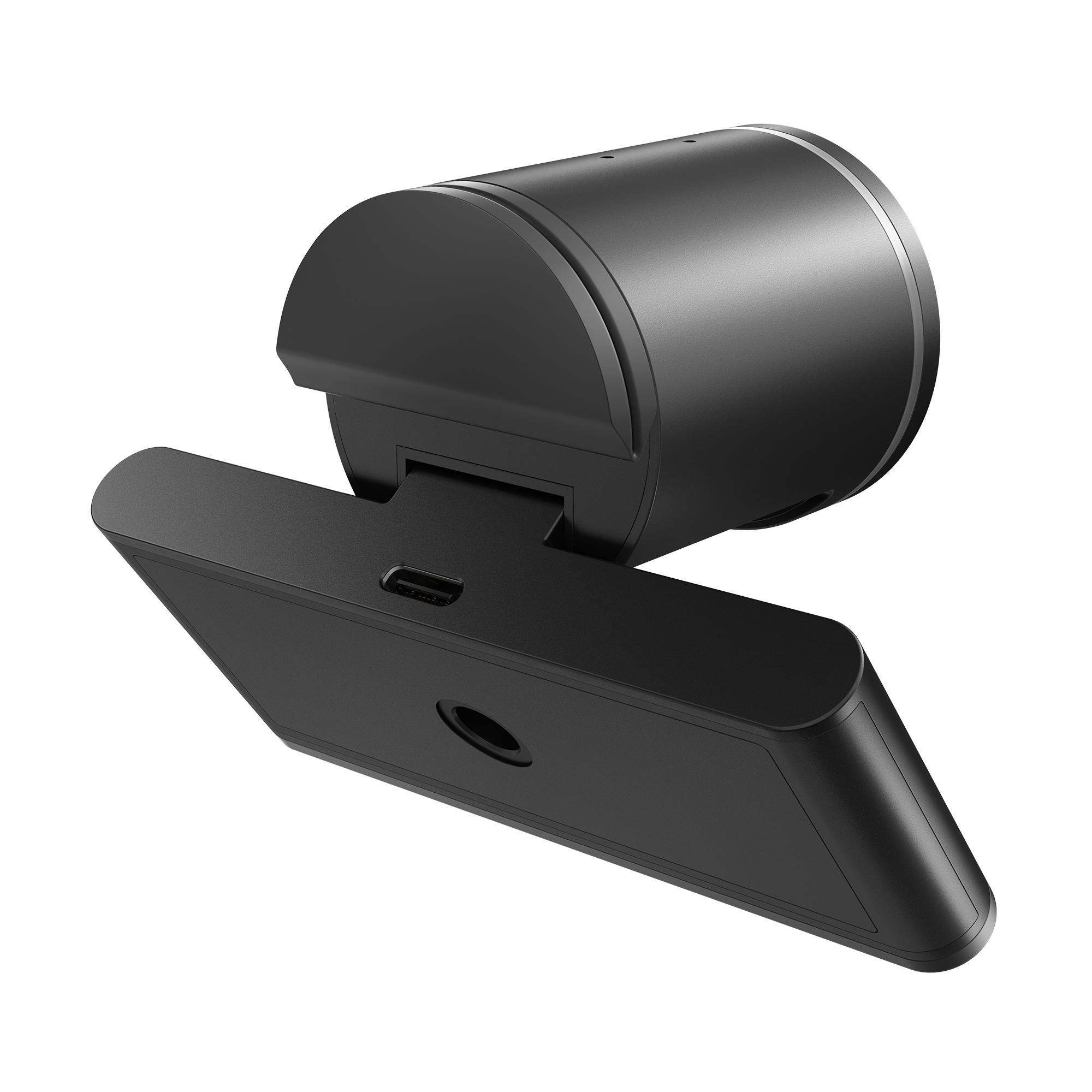 Eine schwarze Webcam auf weißem Grund, mit rechteckiger Basis und zylindrischem Körper.
