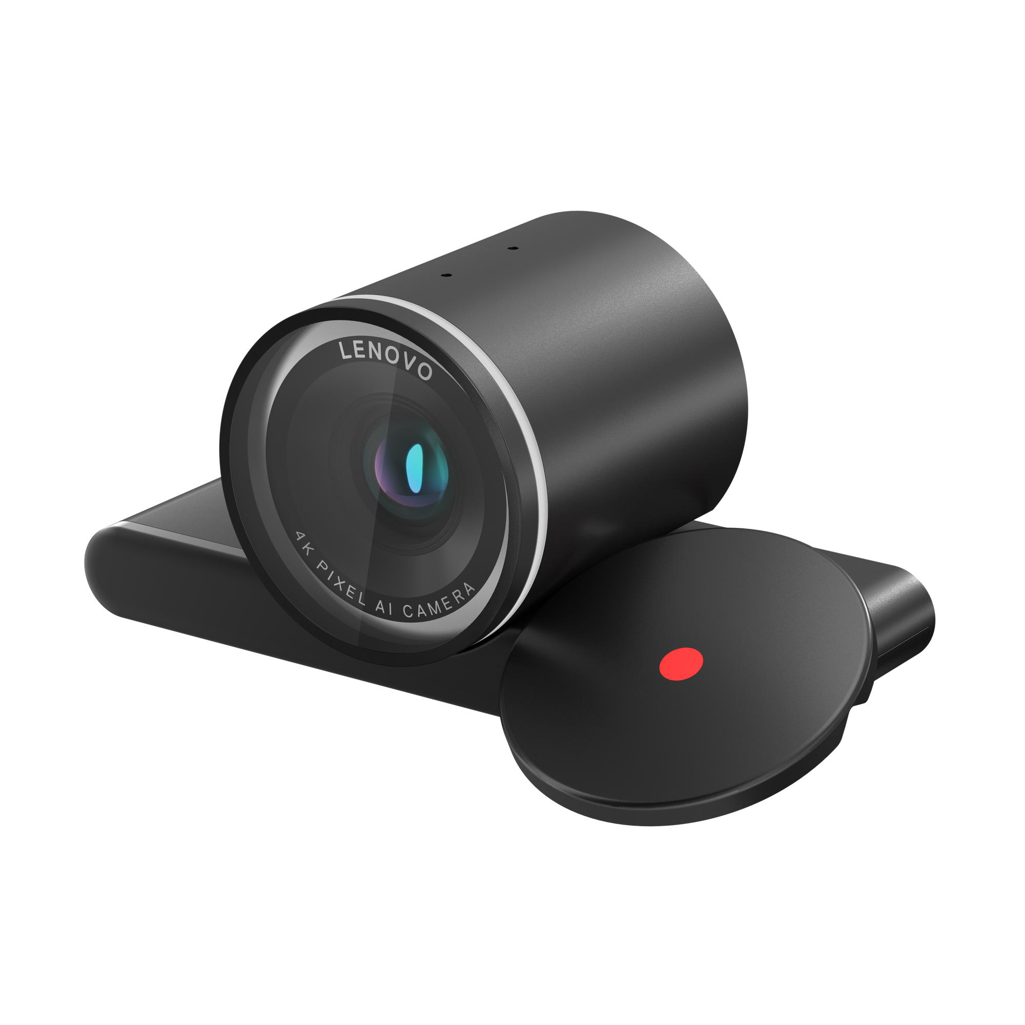 Eine schwarze Lenovo-Webcam. Sie hat ein Objektiv, einen roten Punkt an der Seite und die Aufschrift 4K Pixel AI Camera.