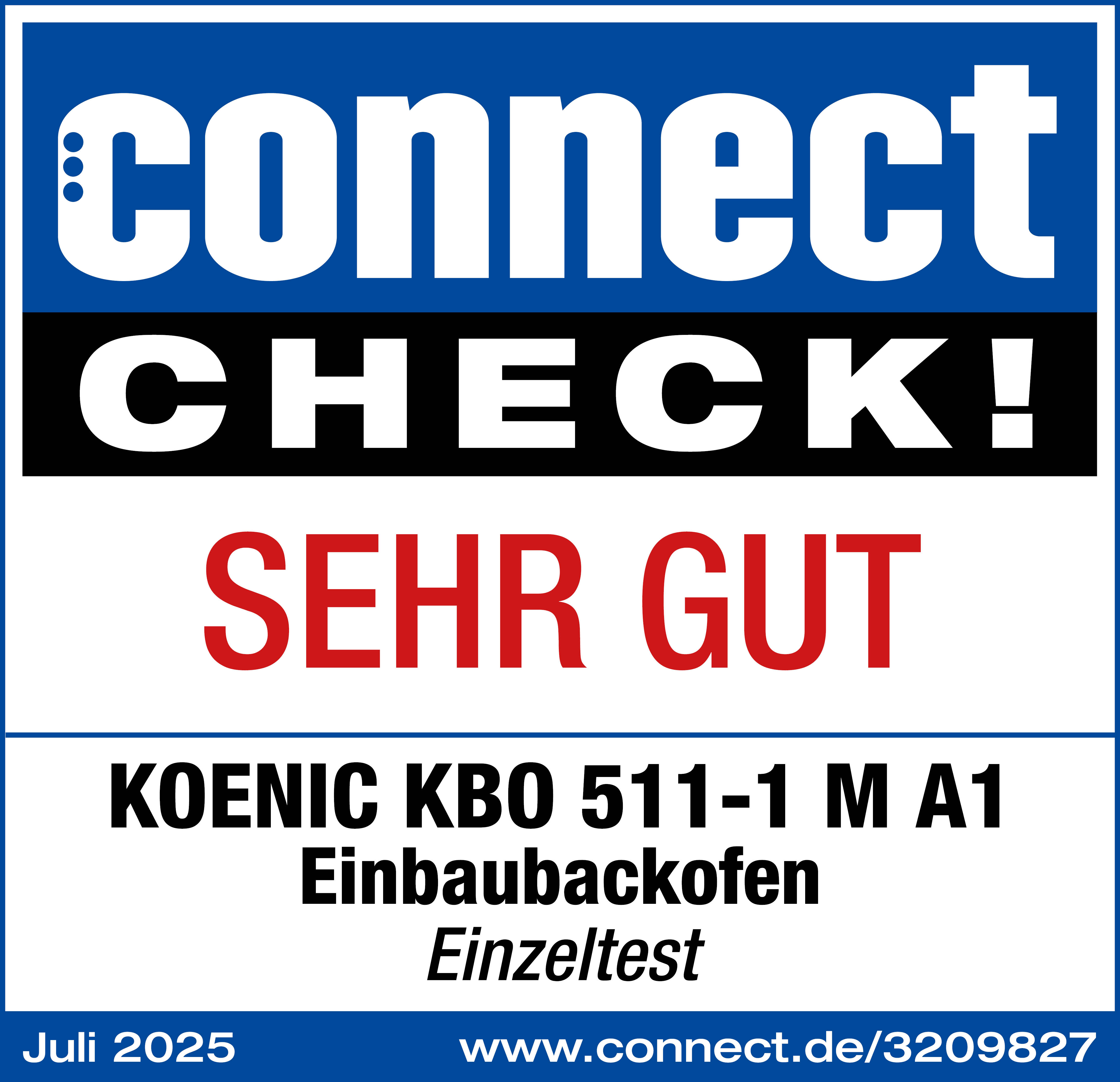 Das Bild ist eine Bewertung für einen Ofen. Es zeigt den Text 'connect CHECK!' und 'SEHR GUT'. Es enthält auch Produktdetails.