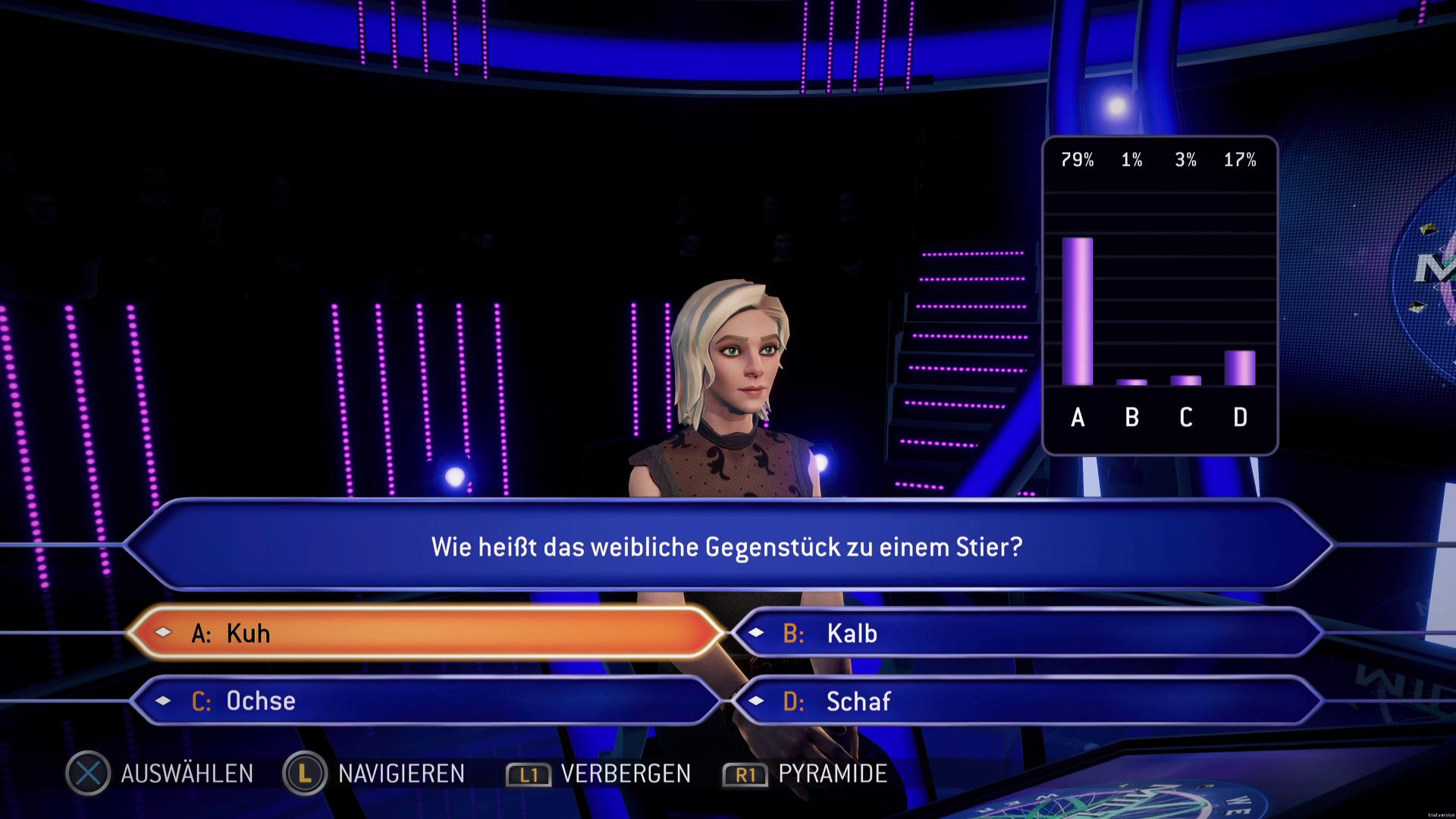 Eine Frau in einer Spielshow. Frage: Was ist das weibliche Gegenstück zum Bullen? Optionen: A. Kuh, B. Kalb, C. Ochse, D. Schaf.