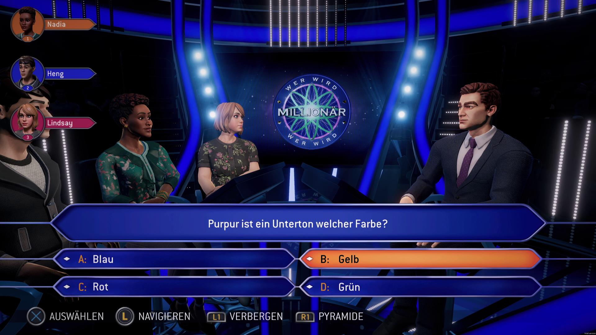 Eine Spielshow mit drei Kandidaten, einem Moderator und Multiple-Choice-Fragen. Die Frage auf dem Bildschirm bezieht sich auf einen Farbton.