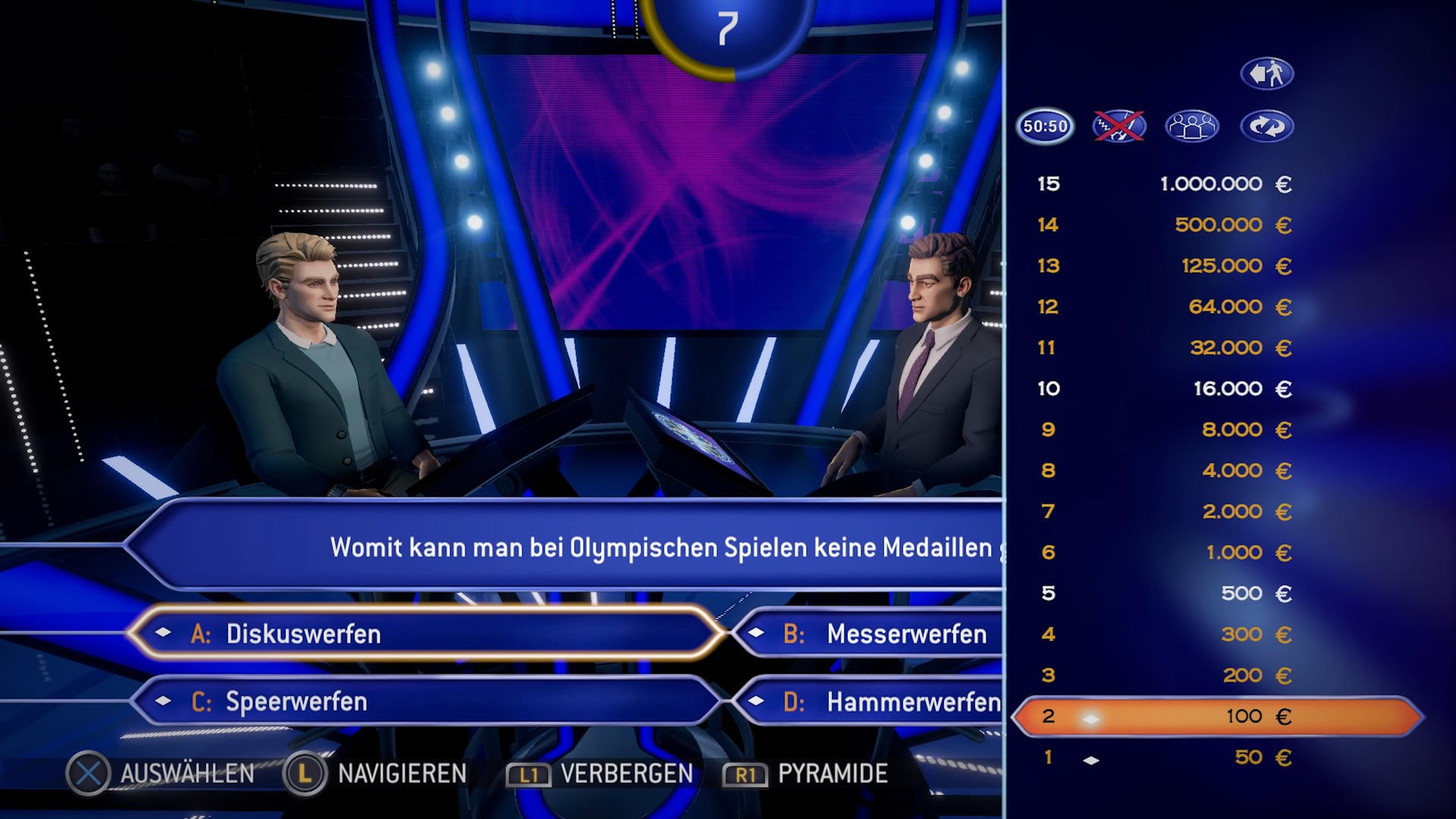 Eine Spielshow mit zwei Kandidaten. Auf dem Bildschirm werden eine Frage, Antwortmöglichkeiten und das verdiente Geld angezeigt. Der Hintergrund ist blau und lila.