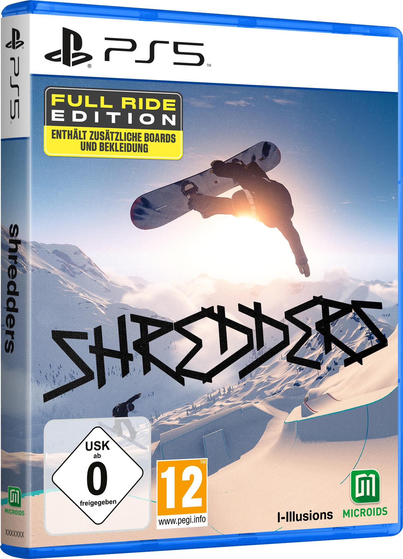 Box-Art für das PS5-Spiel Shredders. Ein Snowboarder springt vor hellem Himmel. Der Spieletitel ist in großen schwarzen Buchstaben.