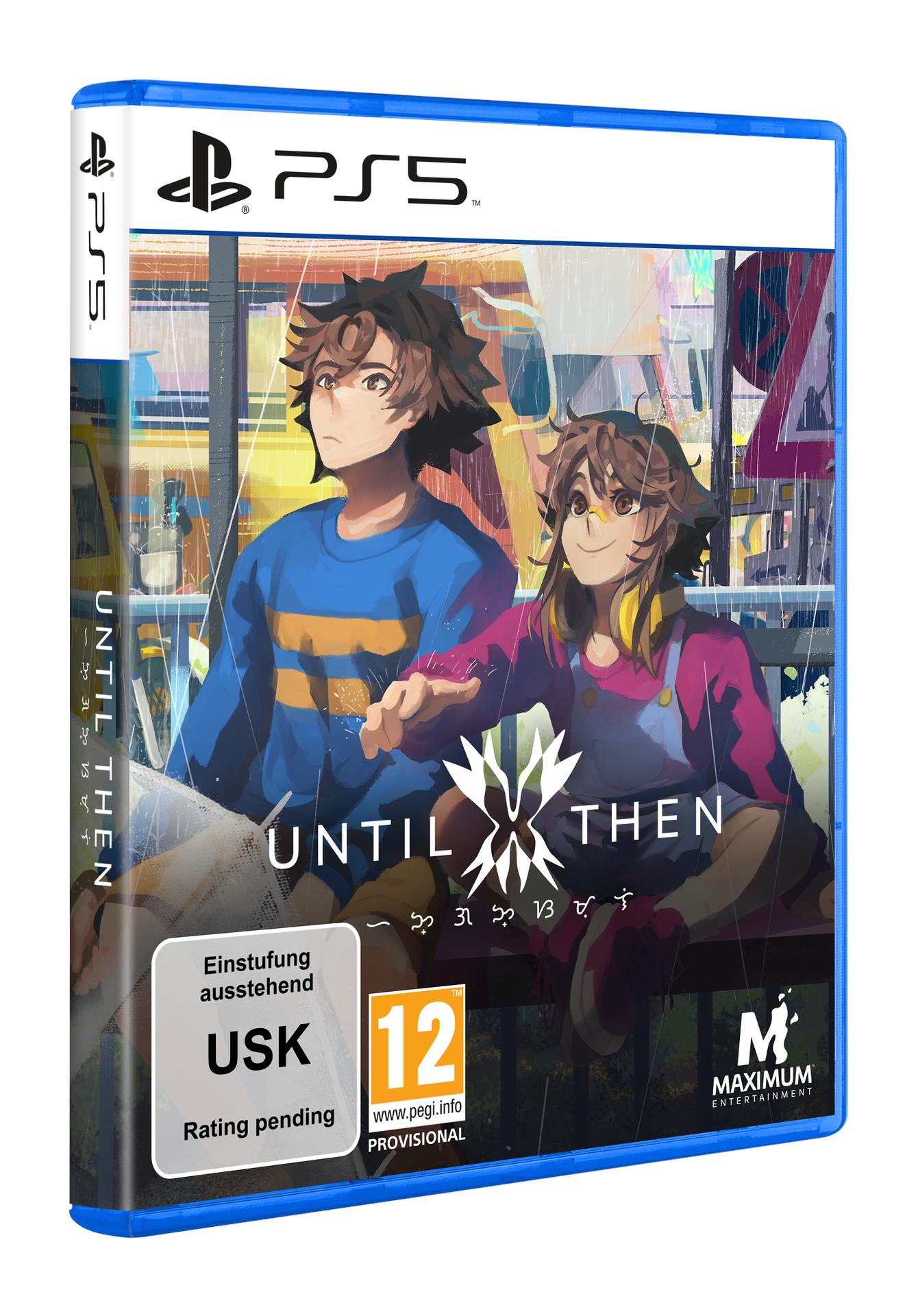 PS5-Spielbox-Art für 'UNTIL THEN'. Zwei Anime-Charaktere im Regen. Die Box ist blau mit USK 12-Rating.