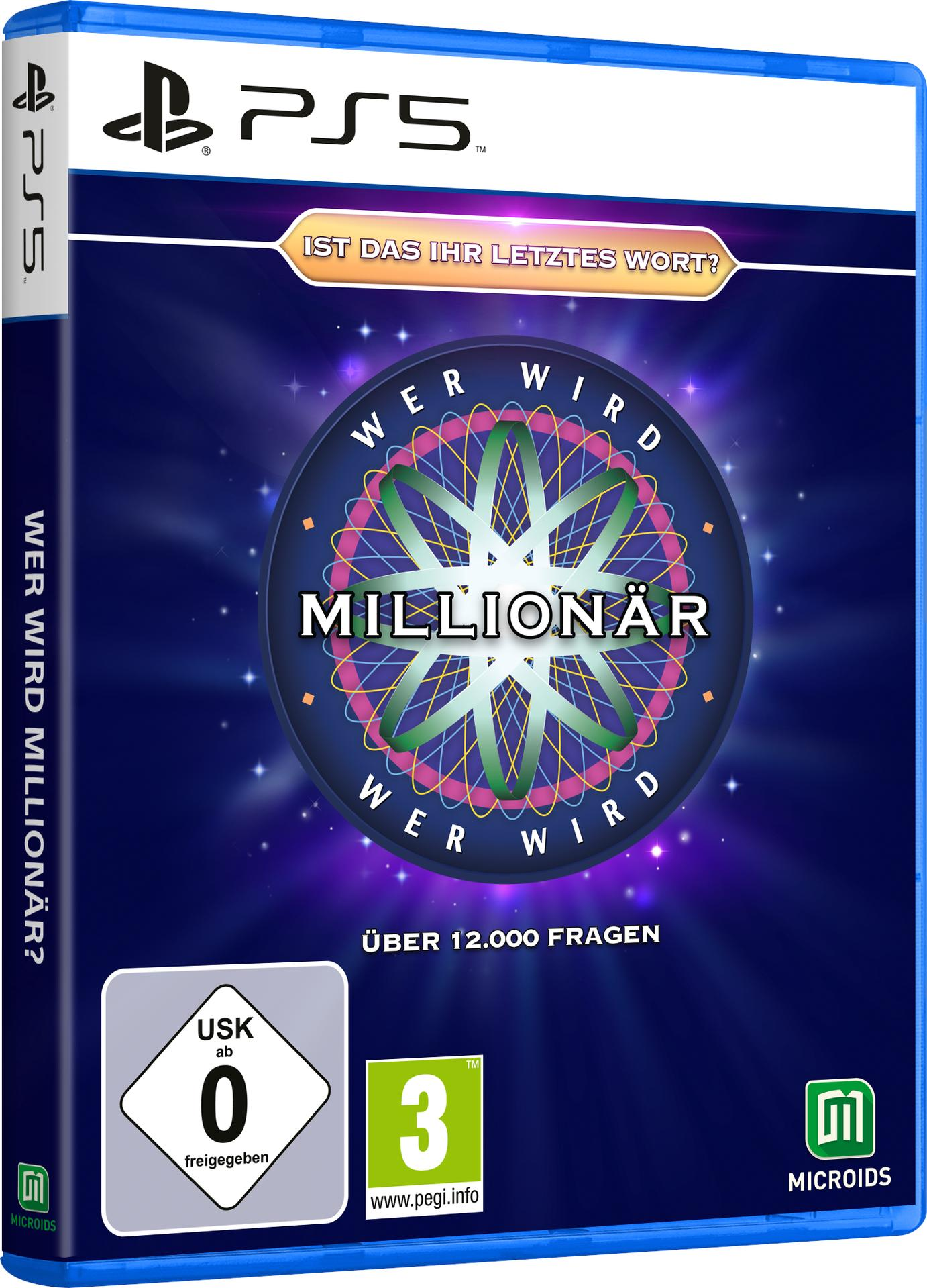 PS5-Spielbox von 'Wer Wird Millionär'. Das Cover zeigt ein Spielshow-Raddesign mit Text und Logos.