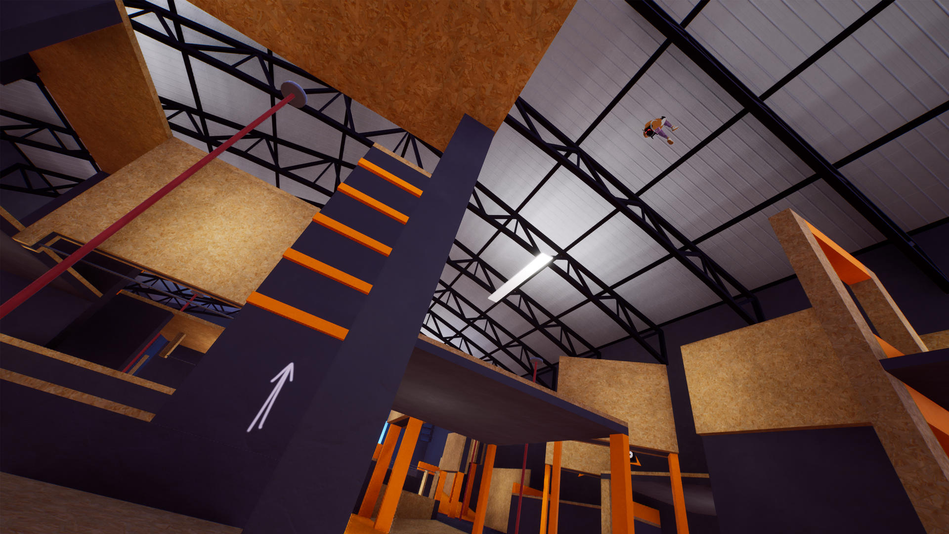 Indoor-Parkour-Szene. Strukturen mit orangefarbenen Akzenten und eine Person in der Luft. Dunkle Wände und Decke mit Metallträgern.