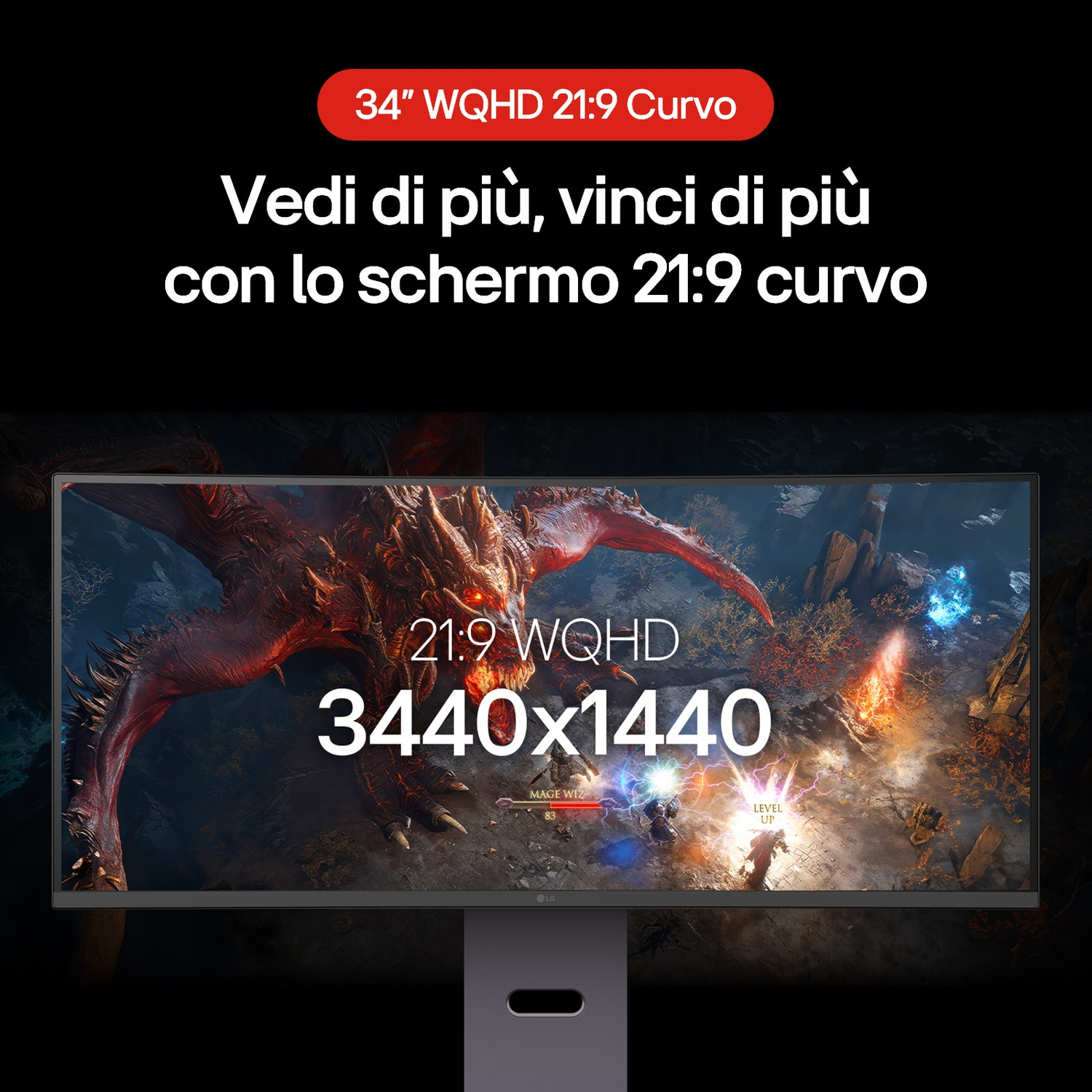Un monitor curvo 21:9 mostra una scena di gioco con un drago e personaggi. Il testo promuove le caratteristiche del monitor e la risoluzione 3440x1440.