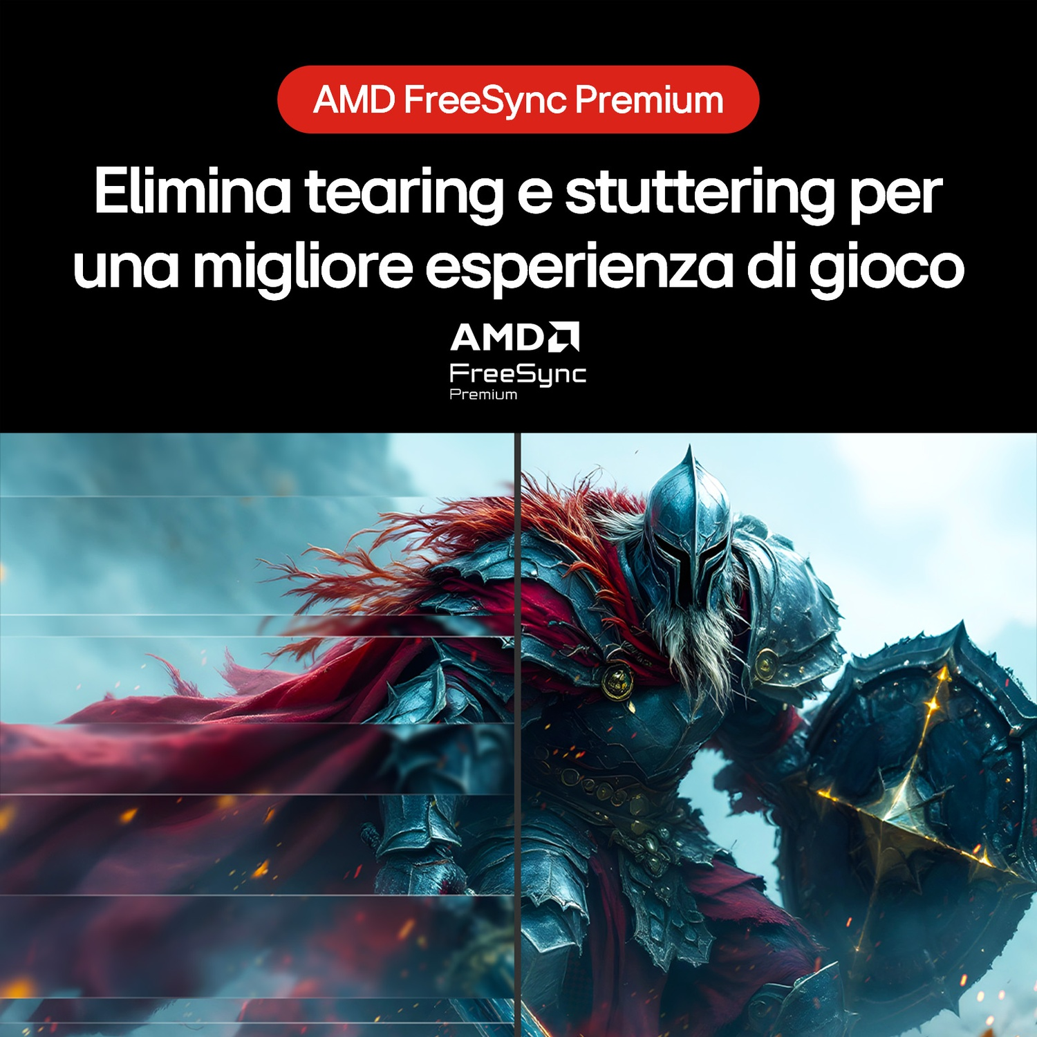 Un guerriero in armatura con uno scudo e un mantello rosso è mostrato. Il testo in alto dice 'AMD FreeSync Premium'.