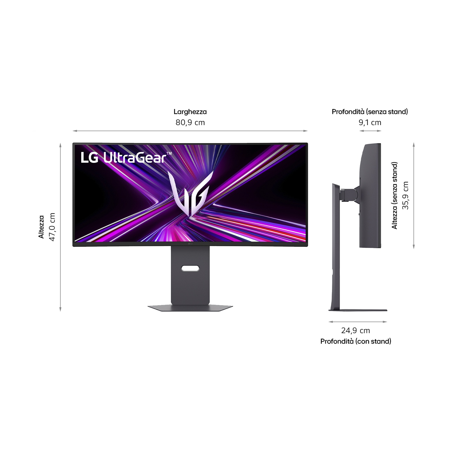 Monitor LG UltraGear con dimensioni indicate. Lo schermo mostra un design viola e bianco. Supporto grigio e dimensioni sono visibili.
