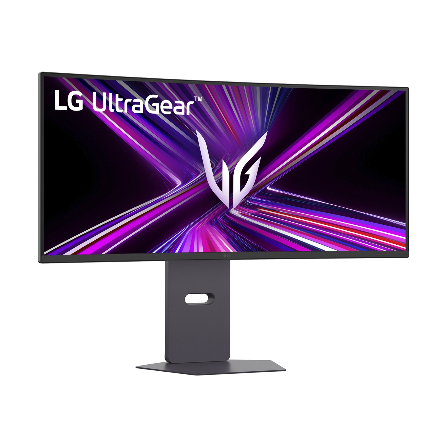 Un monitor con cornice e supporto neri, lo schermo mostra il logo LG UltraGear. Lo schermo presenta un design astratto viola e bianco.