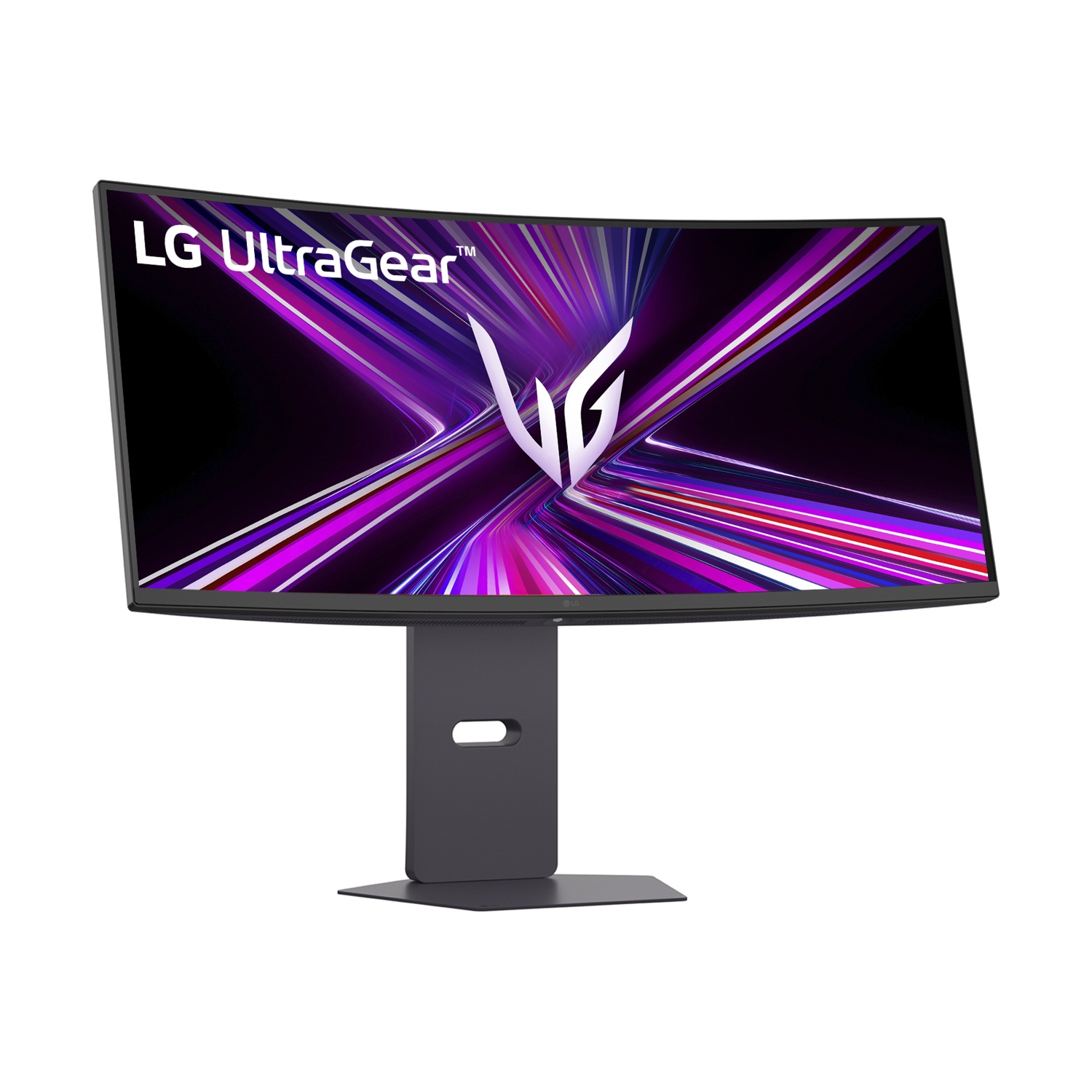 Monitor curvo LG UltraGear. Cornice nera, supporto grigio. Schermo con linee astratte viola e bianche. Logo bianco.