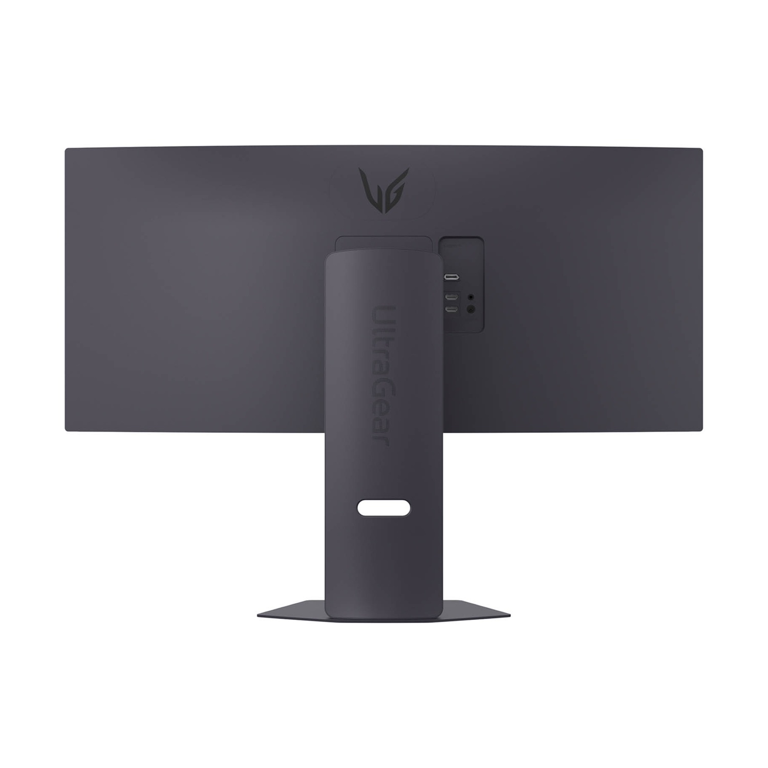 Vista posteriore di un monitor LG UltraGear grigio scuro. Supporto e porte sono visibili. Il logo LG è in alto al centro.