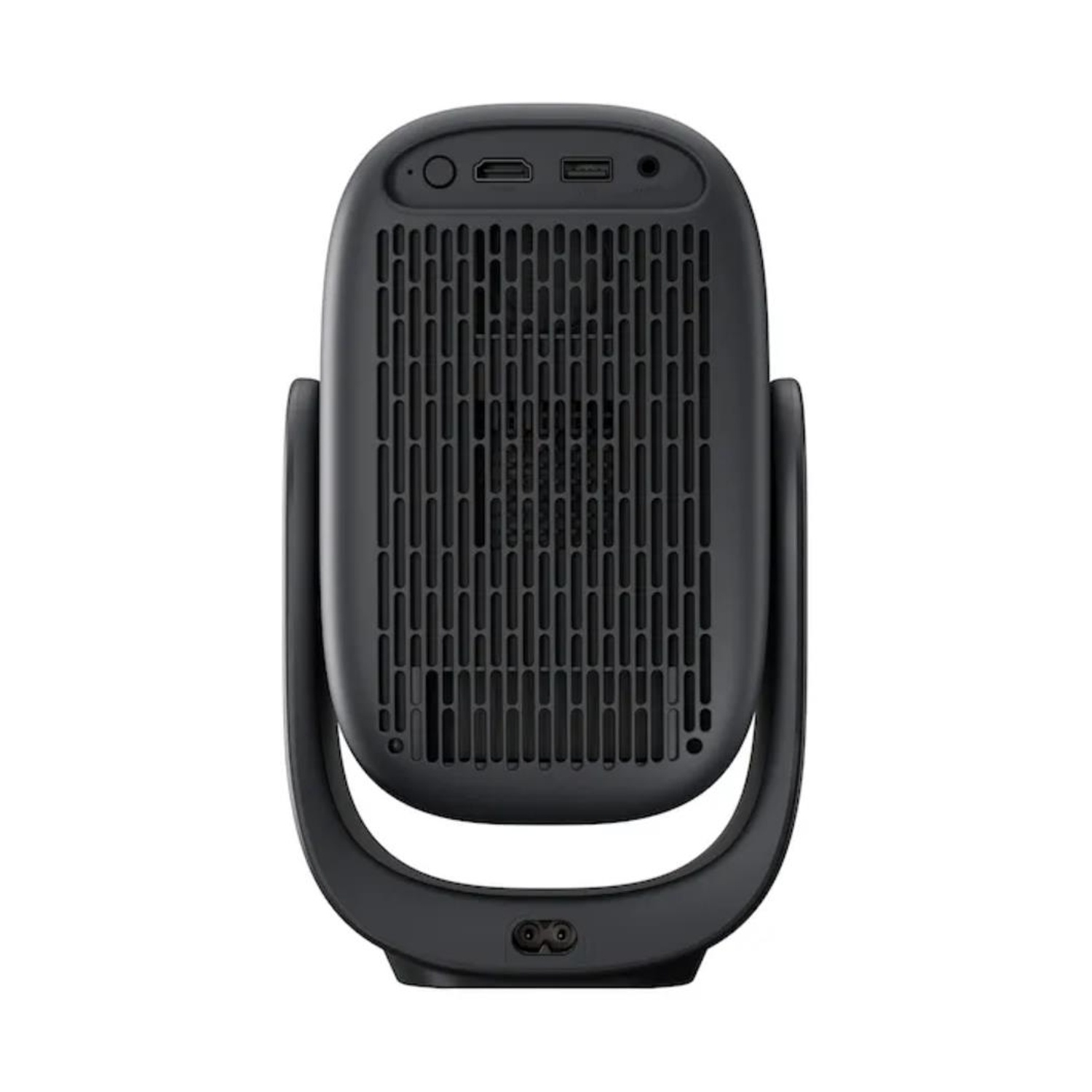Un riscaldatore elettrico nero con manico. Ha un design a griglia sul davanti e porte in alto.