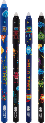 Cztery długopisy w stylu pixel art. Niebieskie, czarne i granatowe długopisy z robotami, obcymi i napisami 'START' i 'HELLO TEAM'. Logo 'Happy color'.