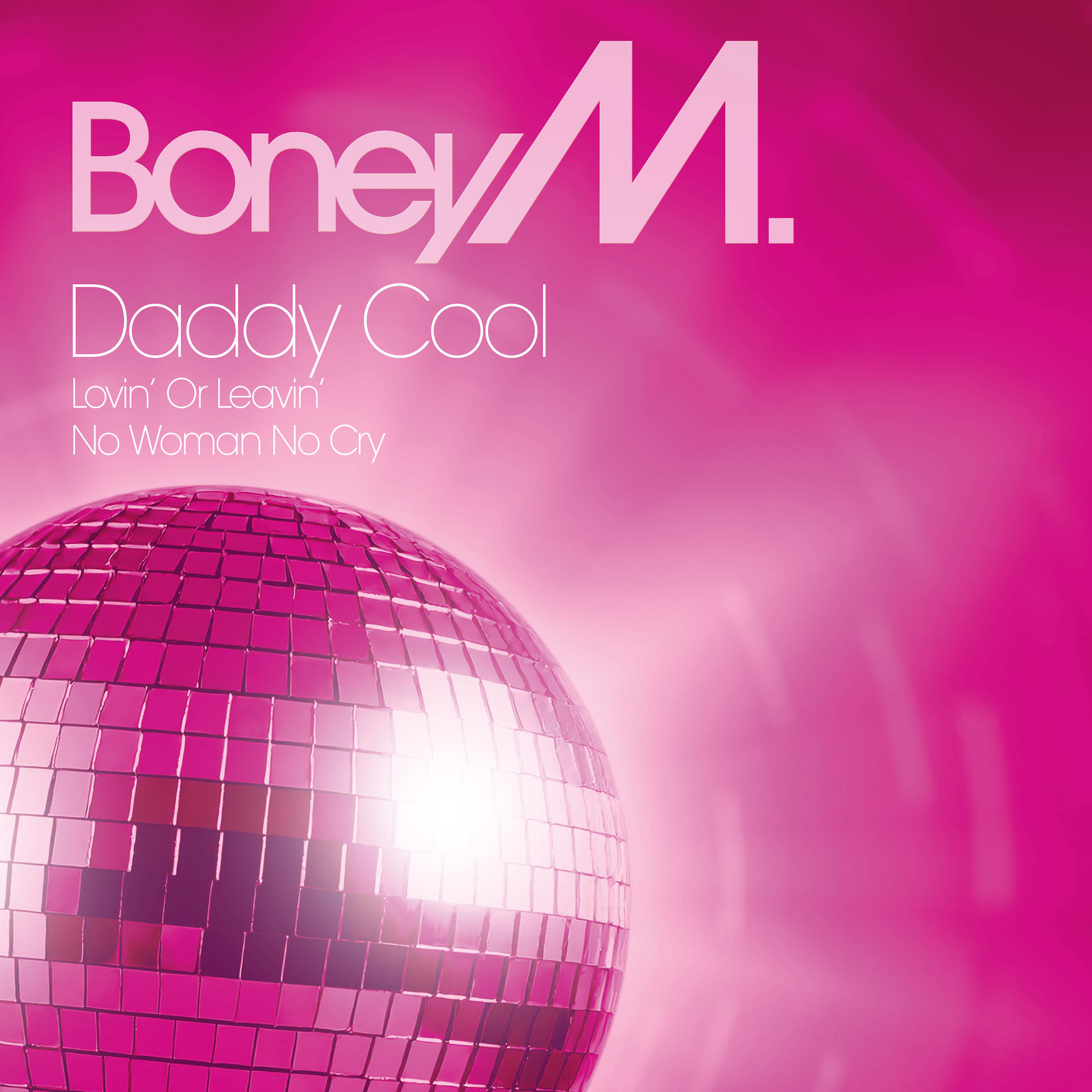 Albumcover mit Boney M. Logo, Titel 'Daddy Cool', einer Discokugel und Songtiteln auf pinkfarbenem Hintergrund.