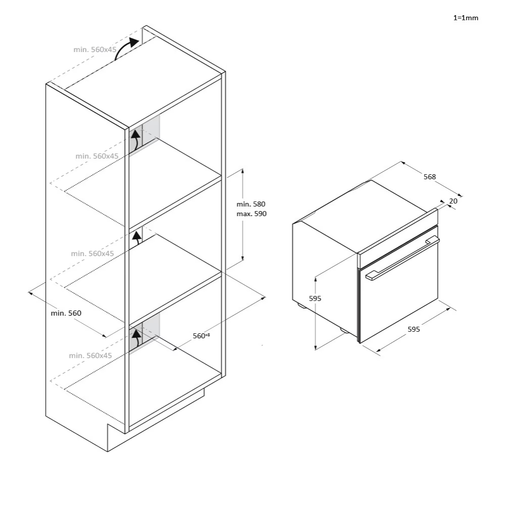 Egy diagram, amely egy polcokkal ellátott szekrényt és egy konyhai készüléket mutat, méretekkel és milliméterben megadott mérésekkel.