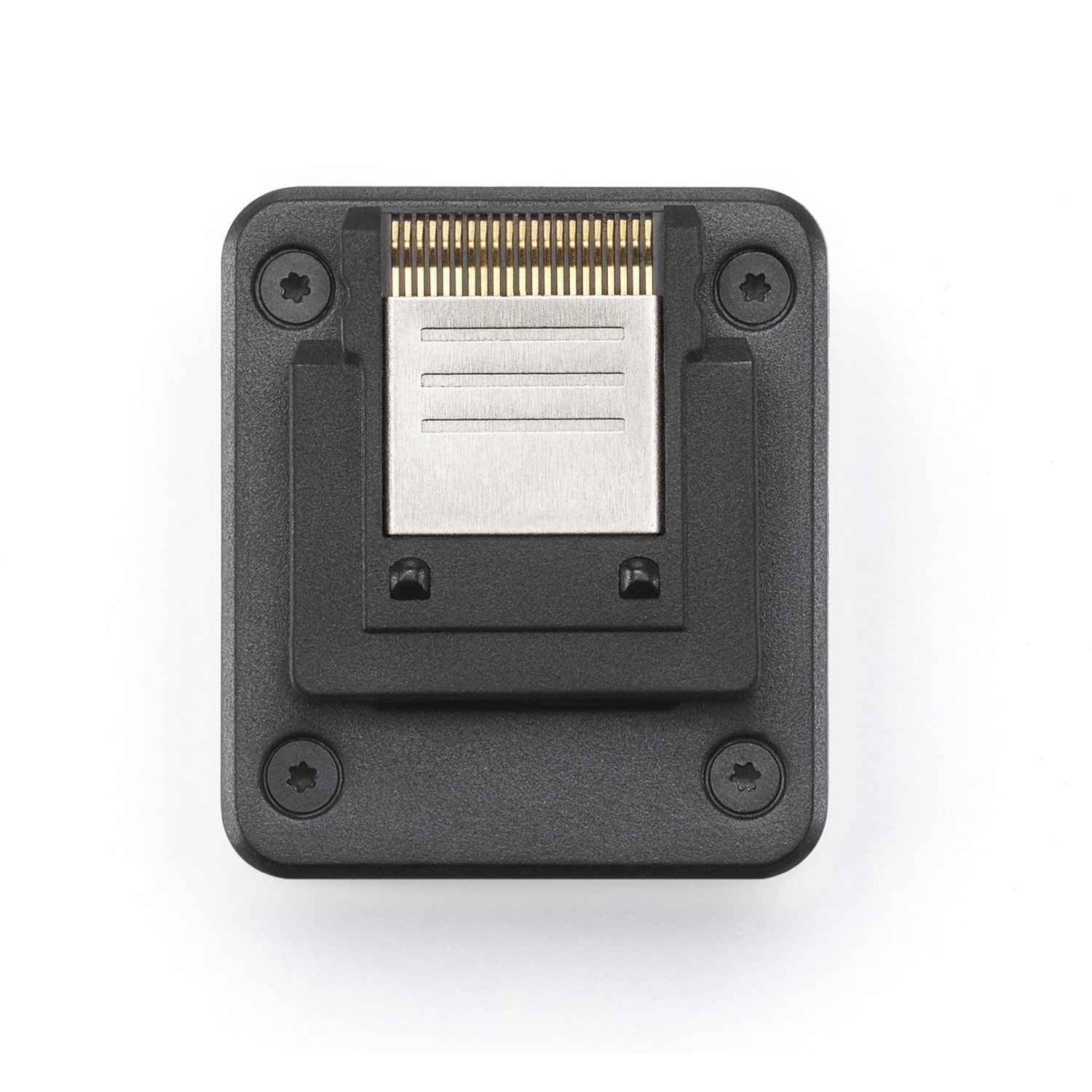 Zwart, vierkant elektronisch onderdeel met een zilveren connector en vier schroeven. De achtergrond is wit.