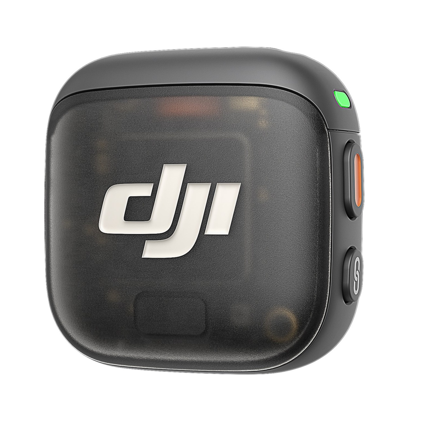 Een zwart vierkant apparaat met het DJI-logo. Het heeft een groen lampje, een oranje knop en een knop met een link-symbool aan de zijkant.