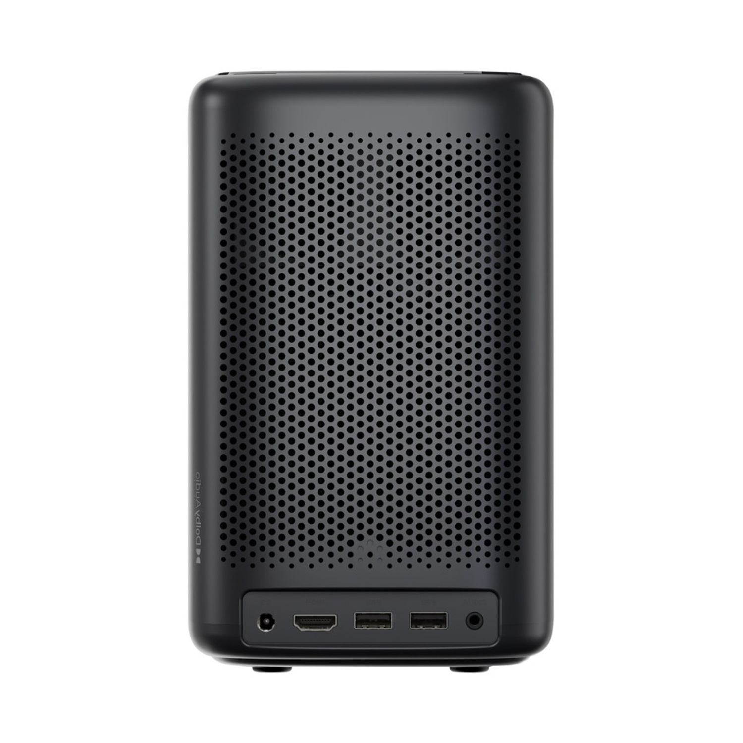 Dispositivo cilindrico nero con parte anteriore perforata. Dispone di porte nella parte inferiore, tra cui HDMI, USB e jack audio. Logo Dolby Vision.