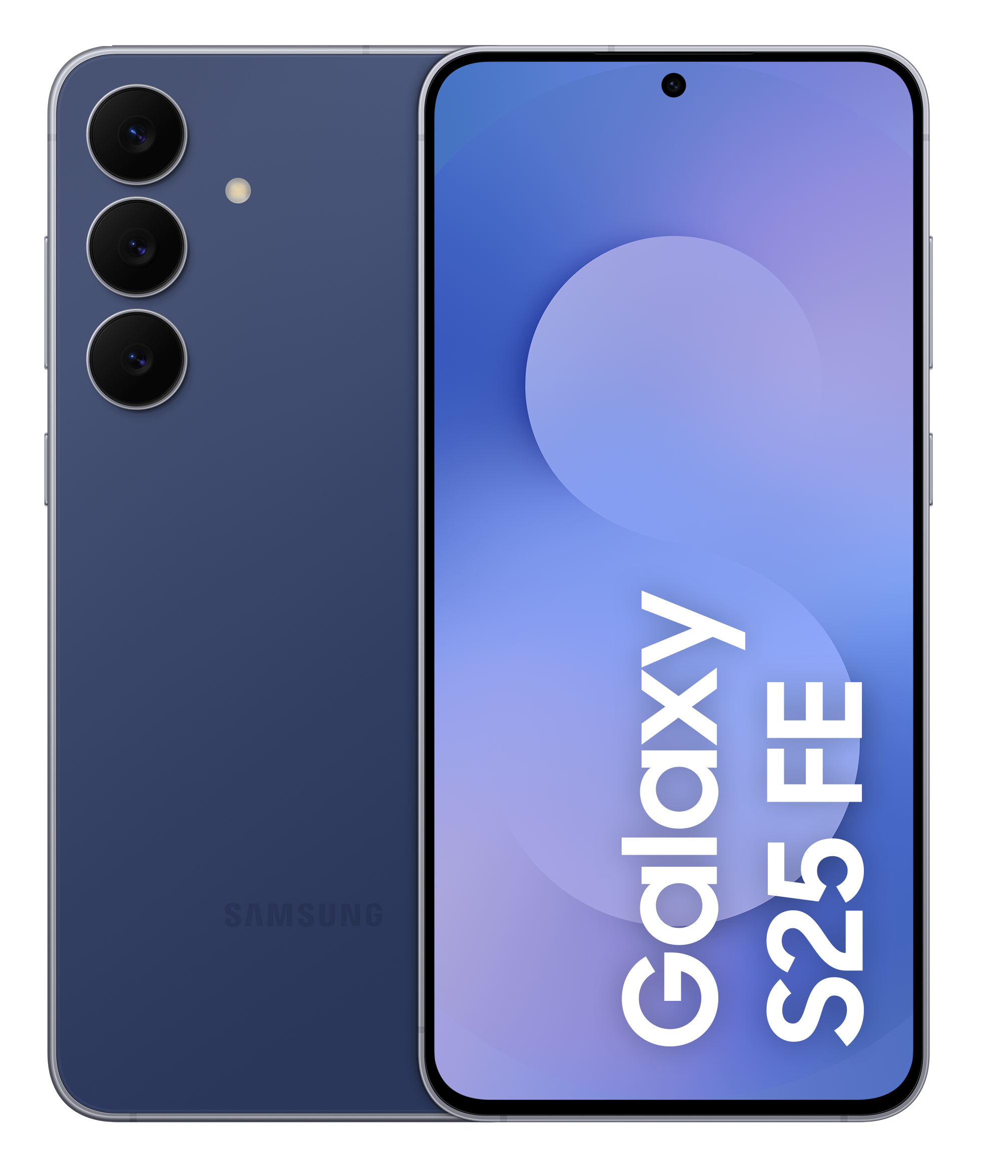 Pokazano niebieski telefon Samsung Galaxy S25 FE. Ekran wyświetla nazwę telefonu.