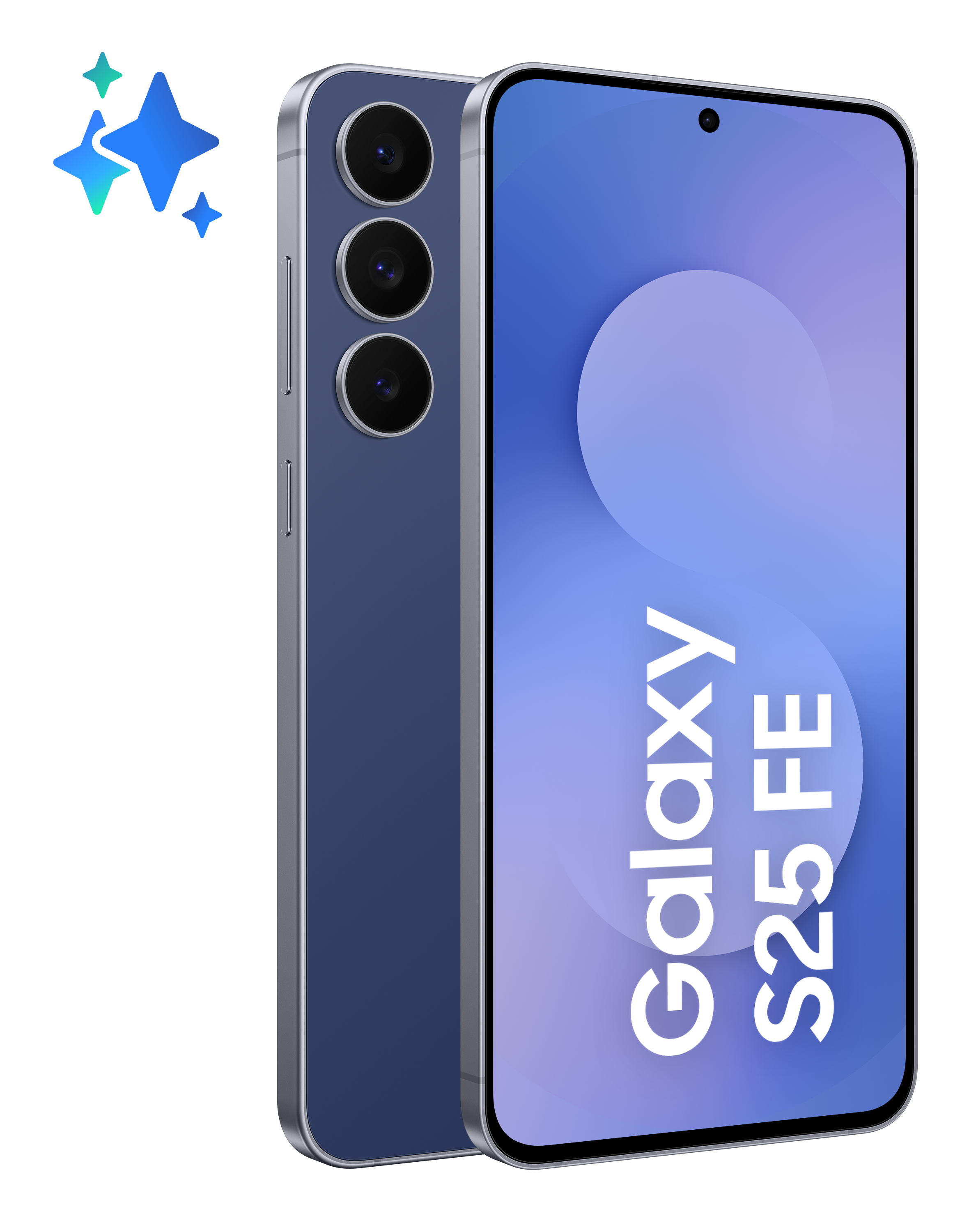 Granatowy smartfon, Galaxy S25 FE na ekranie, trzy kamery z tyłu i niebieskie gwiazdy po lewej.