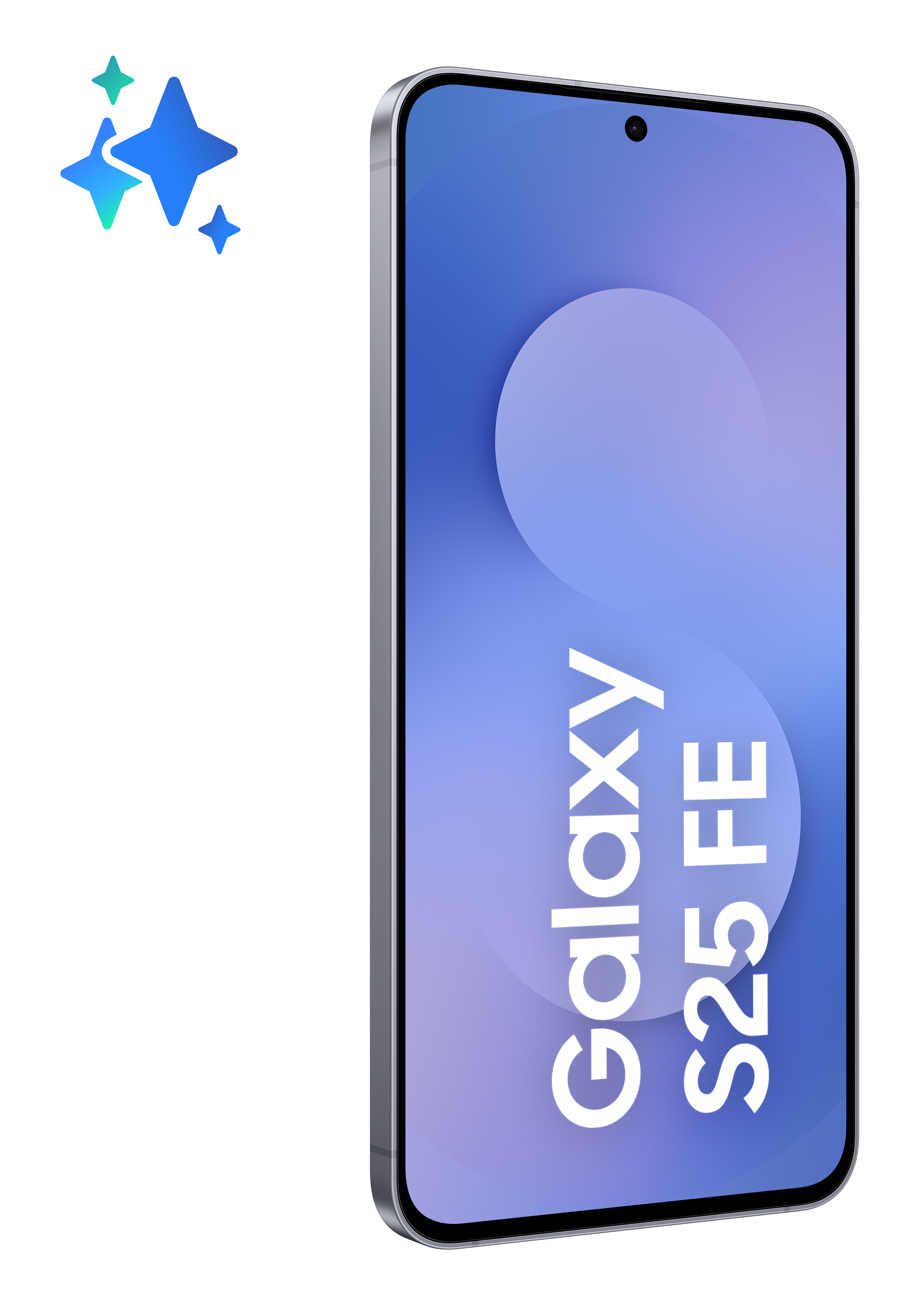 Smartfon z niebieskim ekranem wyświetlającym 'Galaxy S25 FE'. Trzy niebieskie gwiazdy po lewej. Czarne tło.