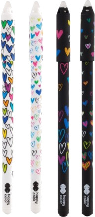 Cztery kolorowe długopisy z wzorami serc. Dwa mają białe obudowy, dwa czarne. Na każdym pisze 'happy color'.