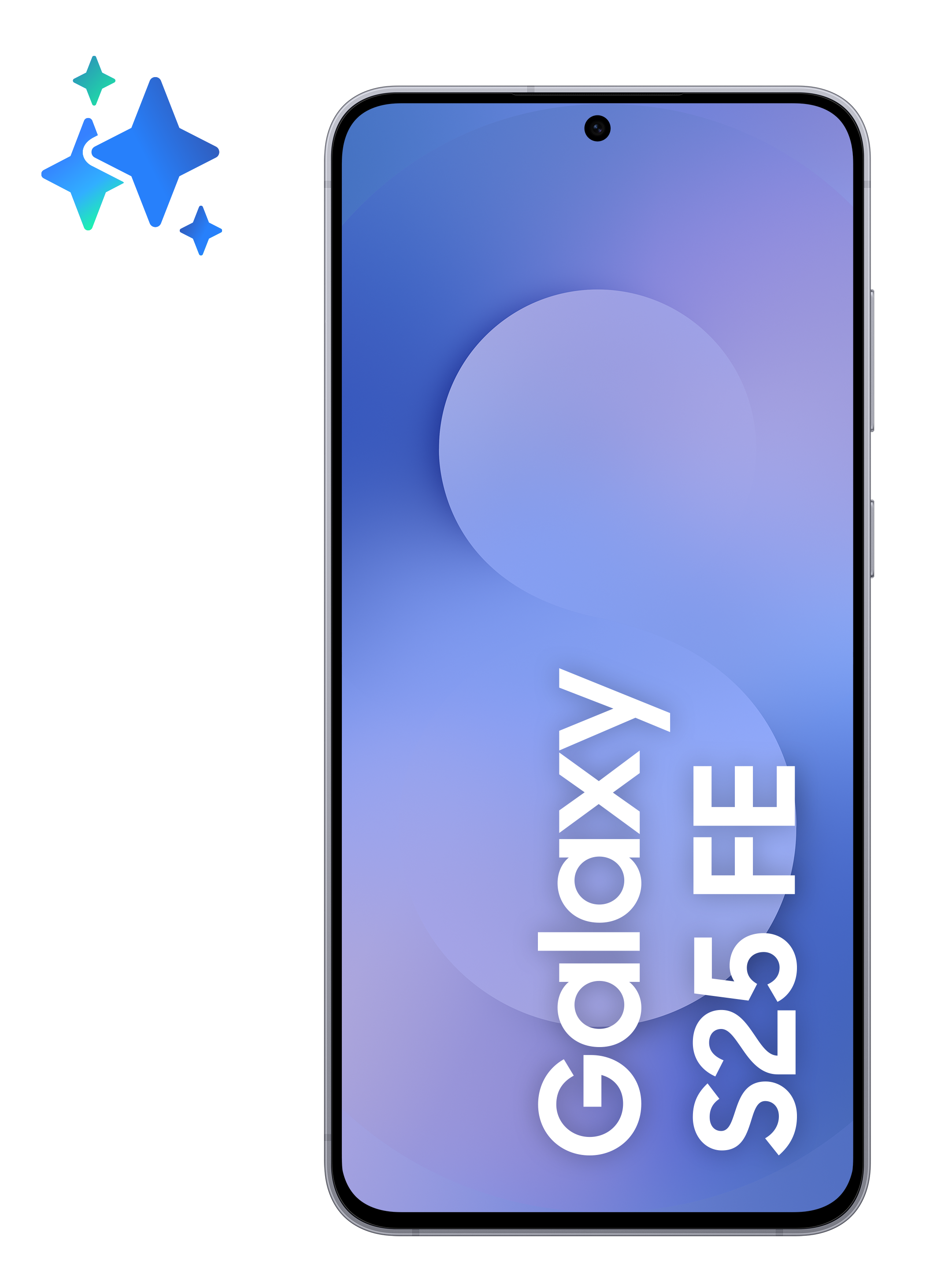Telefon Samsung Galaxy S25 FE na czarnym tle. Telefon ma niebiesko-fioletowy gradient z białym tekstem.