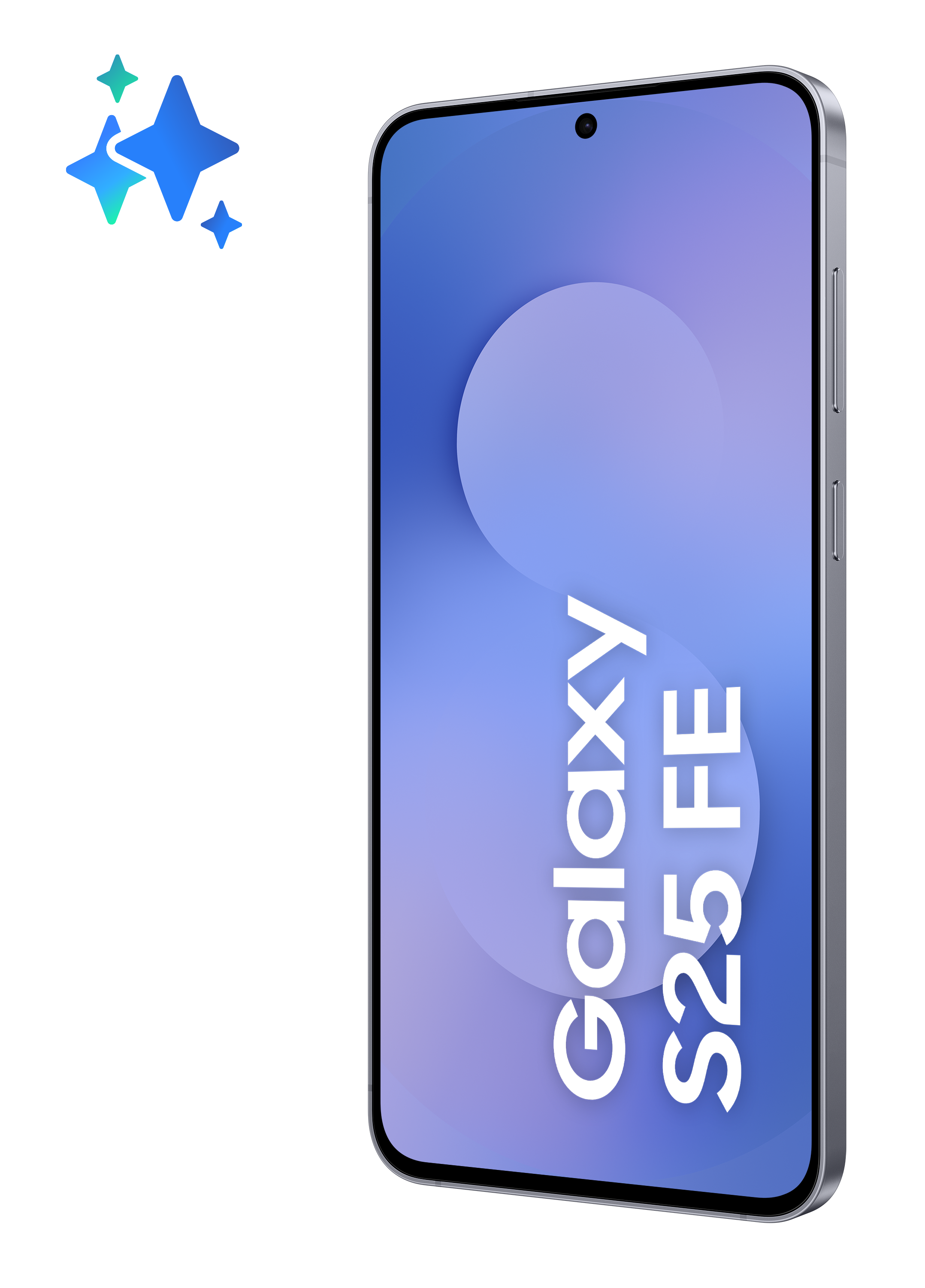 Smartfon Samsung Galaxy S25 FE z niebieskim gradientem. Telefon ma srebrną ramkę i czarne tło.