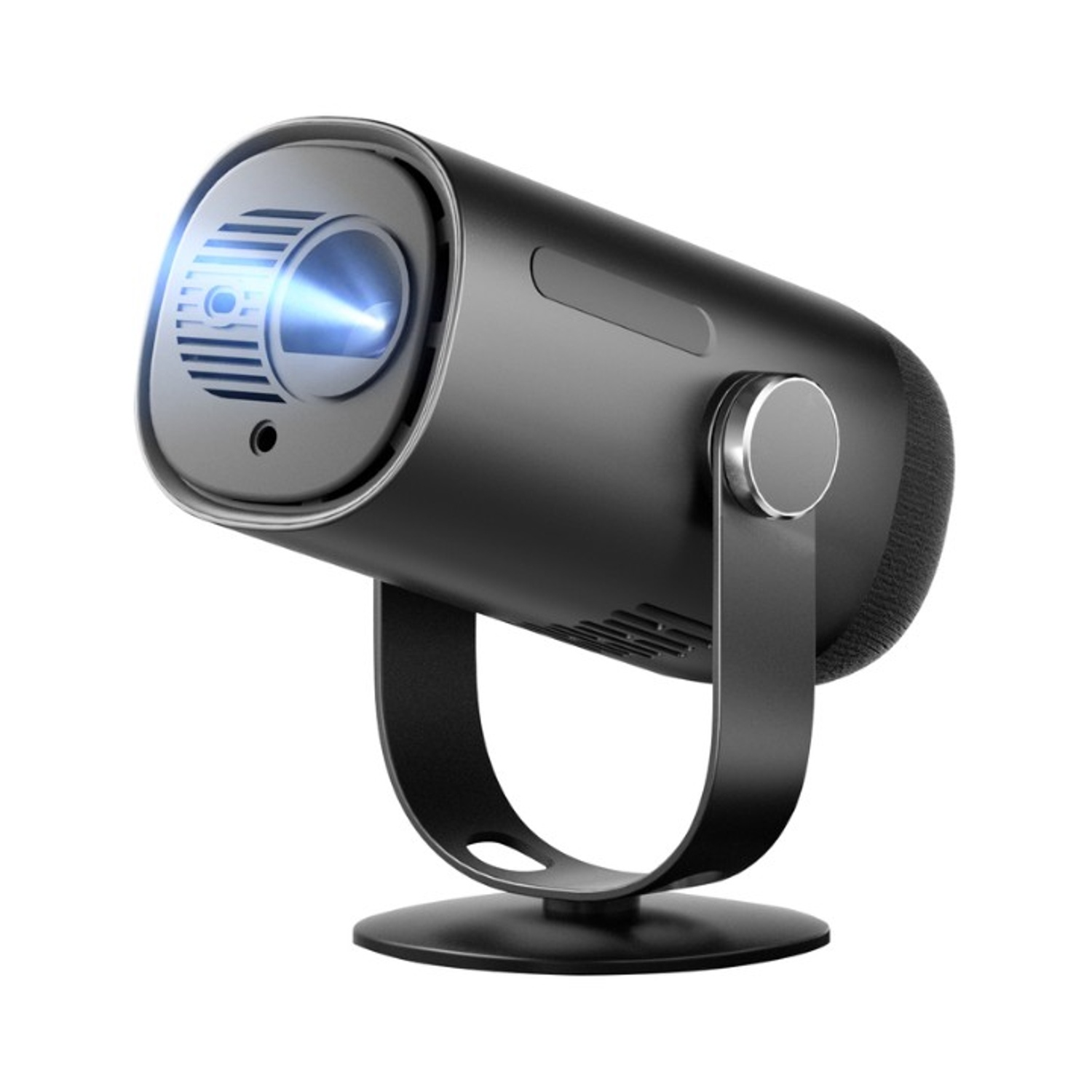 Un proiettore nero con un fascio di luce blu è posizionato ad angolo. È su un supporto nero su sfondo bianco.