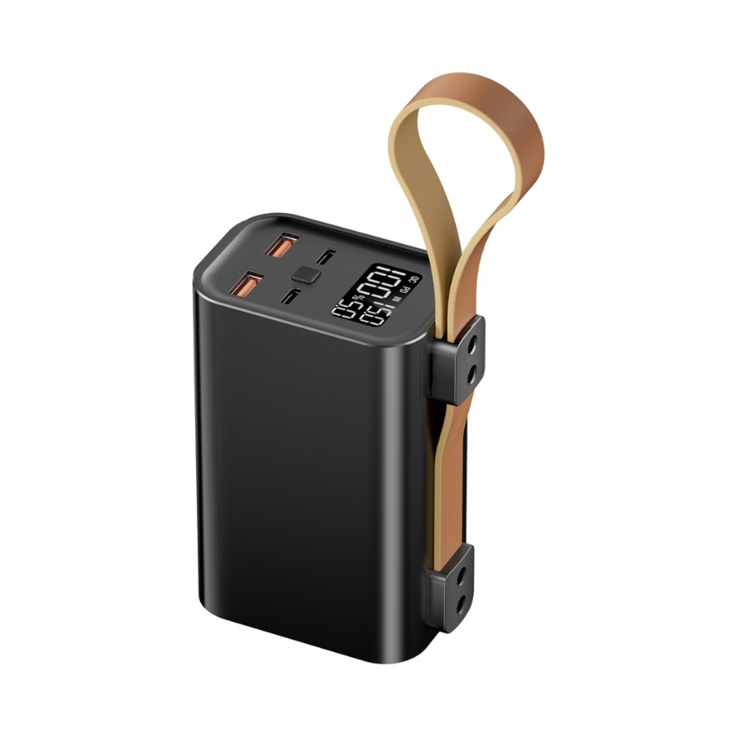 Power bank nero con cinturino in pelle marrone. Mostra numeri e porte. Sfondo bianco.
