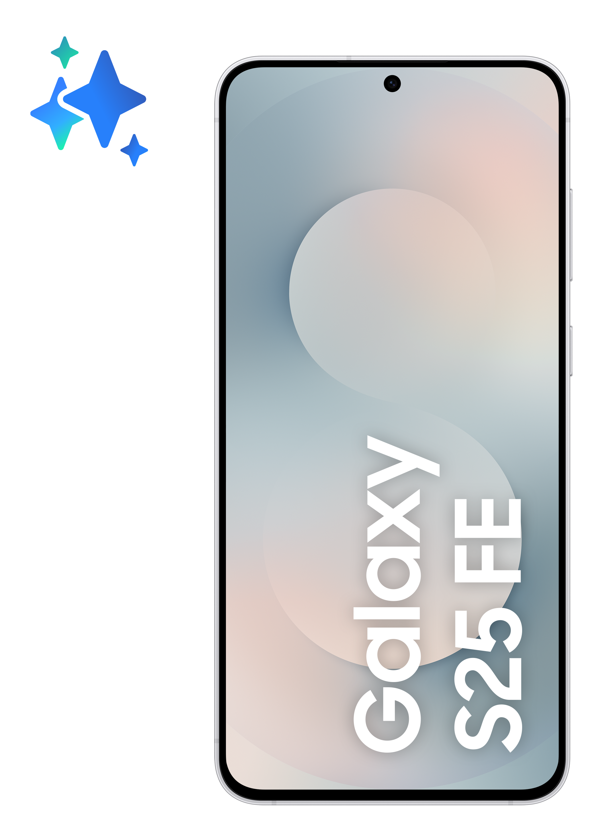 Smartfon z tekstem 'Galaxy S25 FE', błyskotkami i czarnym tłem.